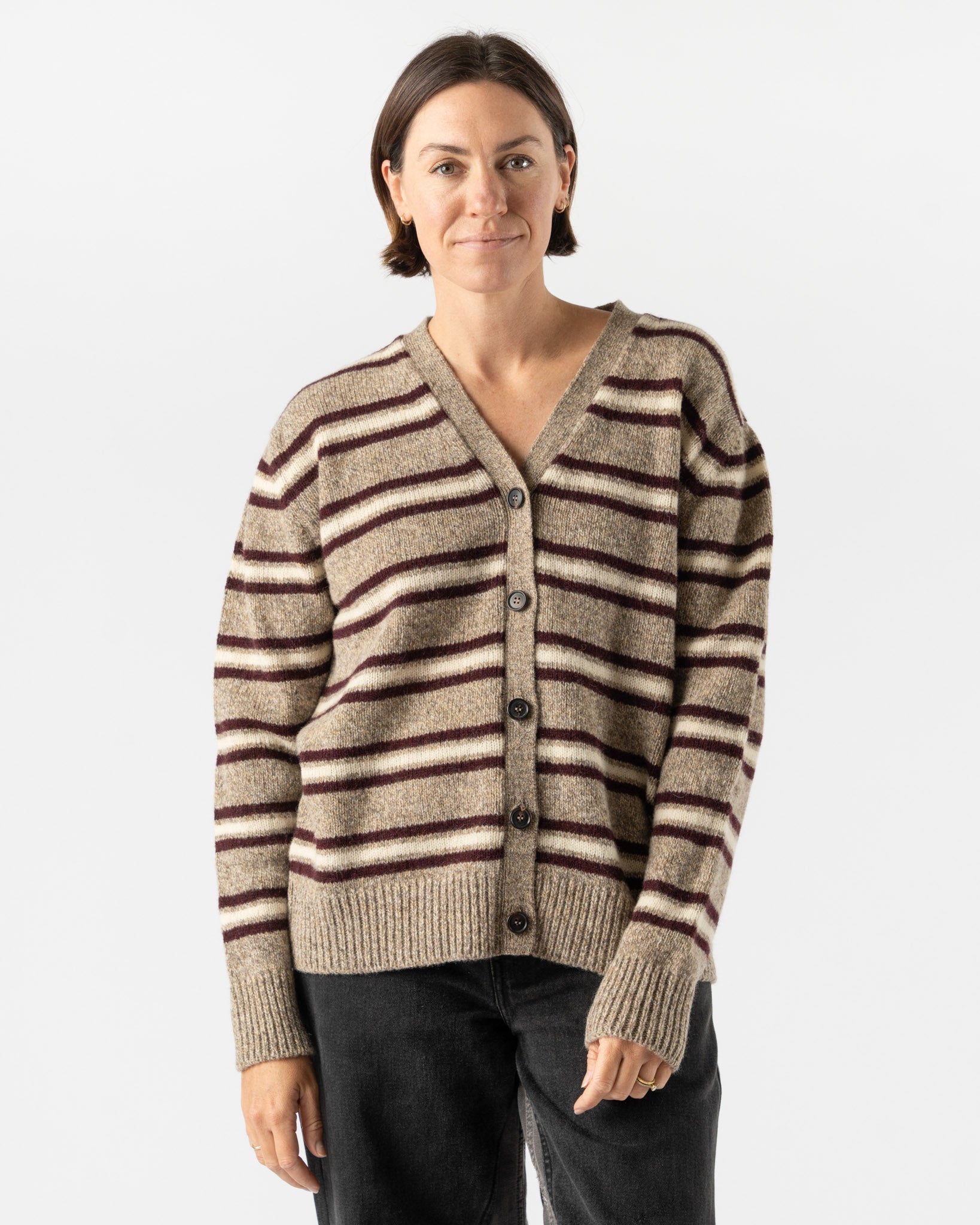 &Daughter Shetland Stripe Cardigan in Dark Natural, Burgundy & Ecru