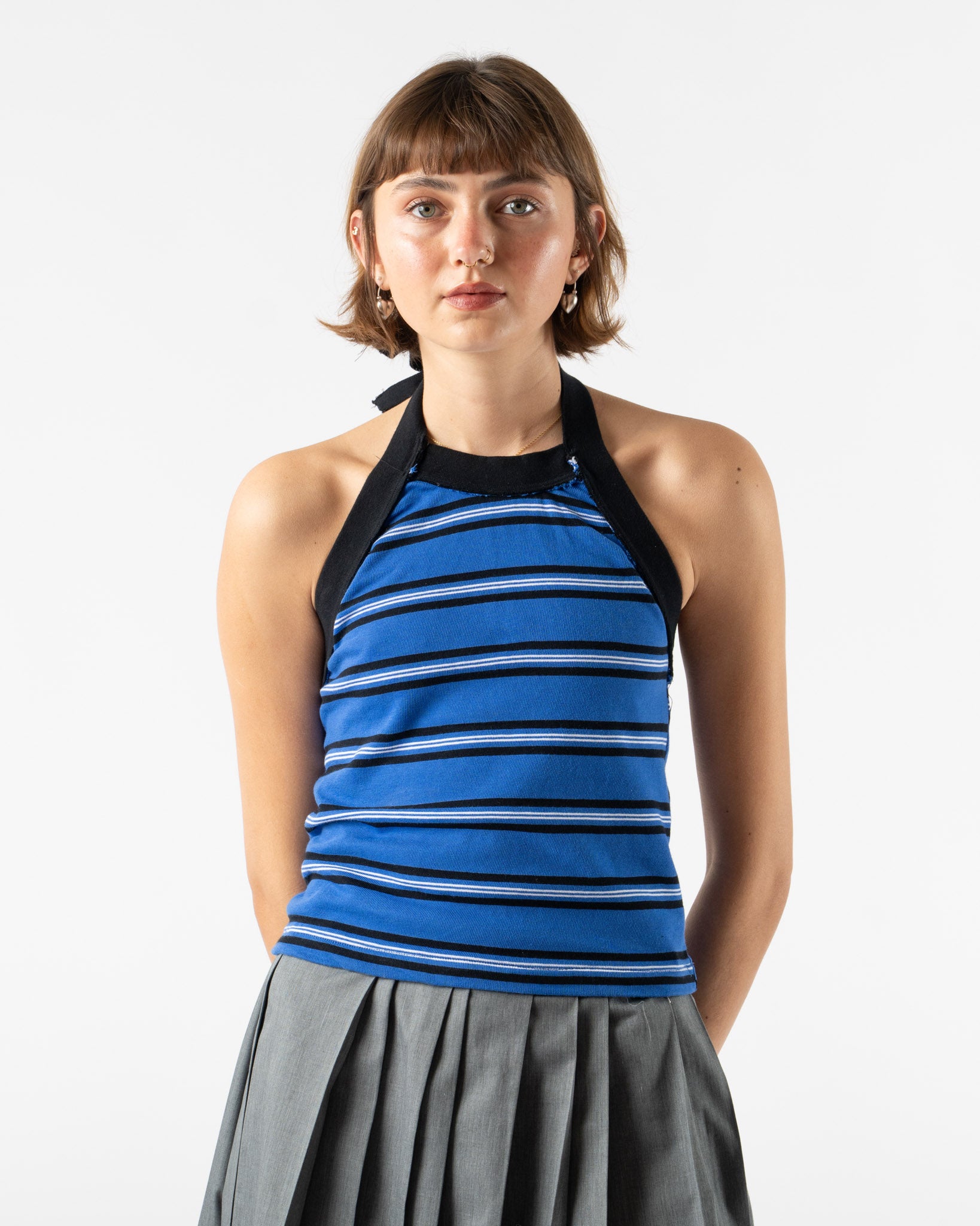 Camiel Fortgens Halter Top in Blue/Black/White Stripe