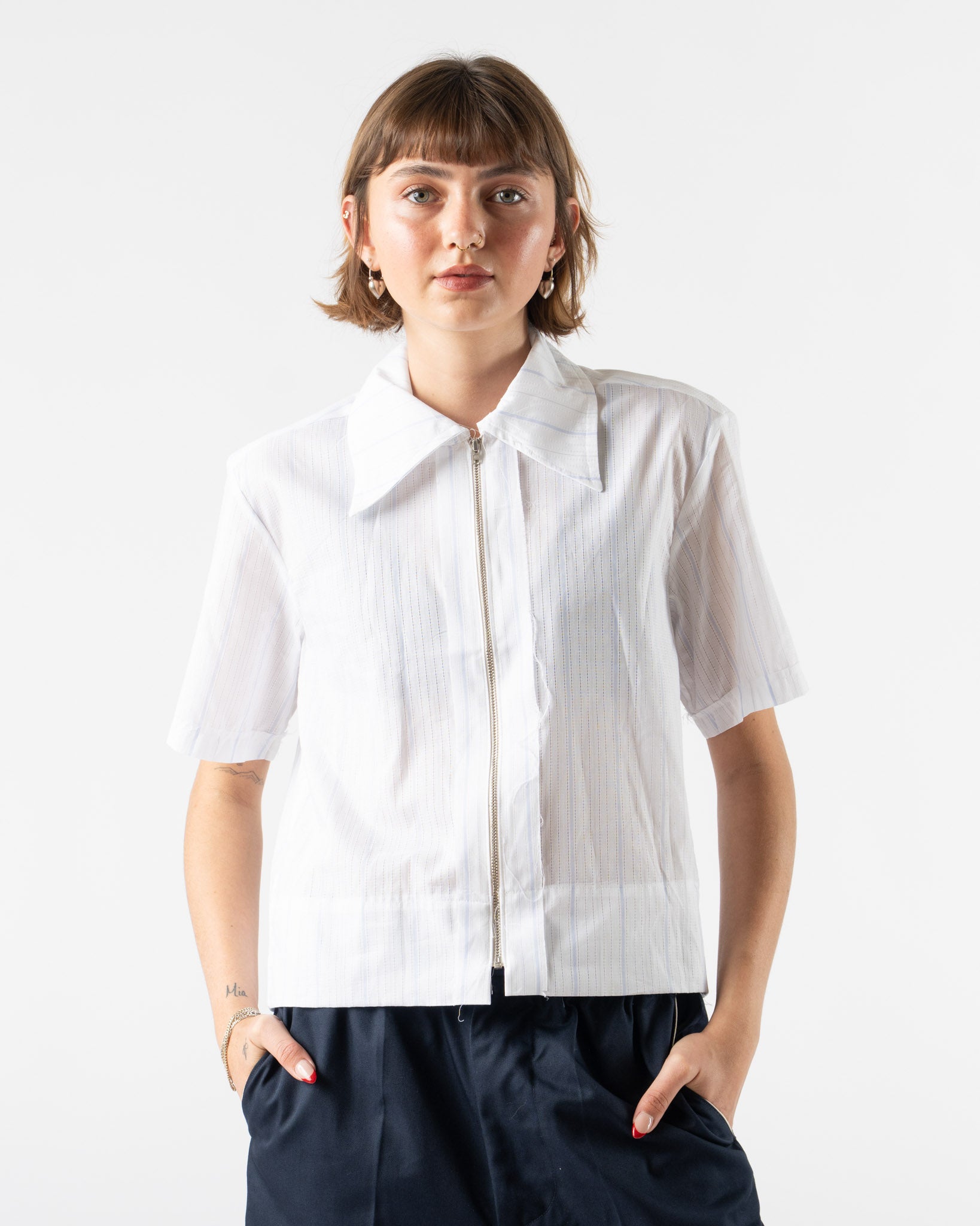 Camiel Fortgens Zip Shirt in White/Blue Stripe