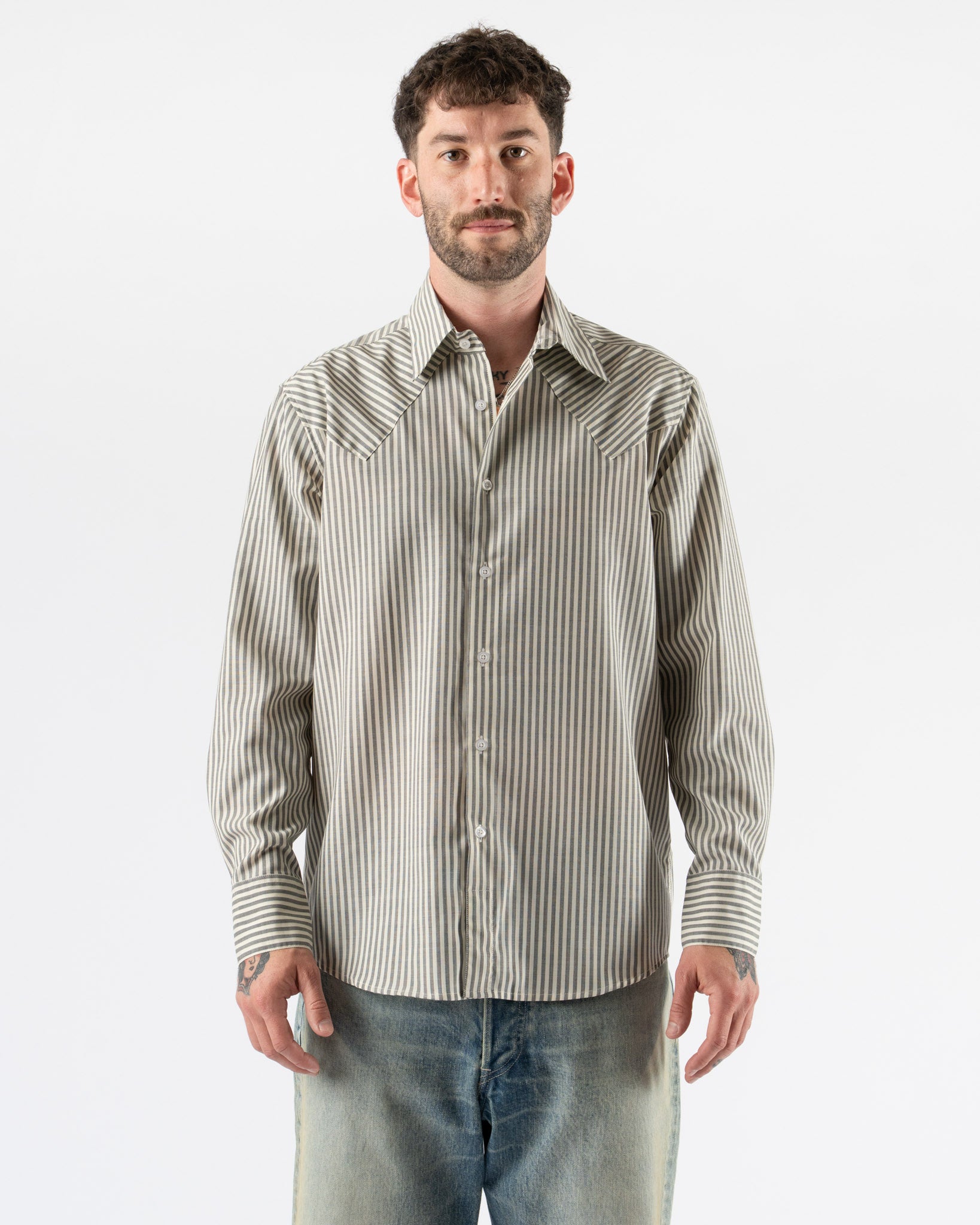 Carter Young Western Business Shirt in Cream/Smoke Stripe Curated at Jake and Jones M
