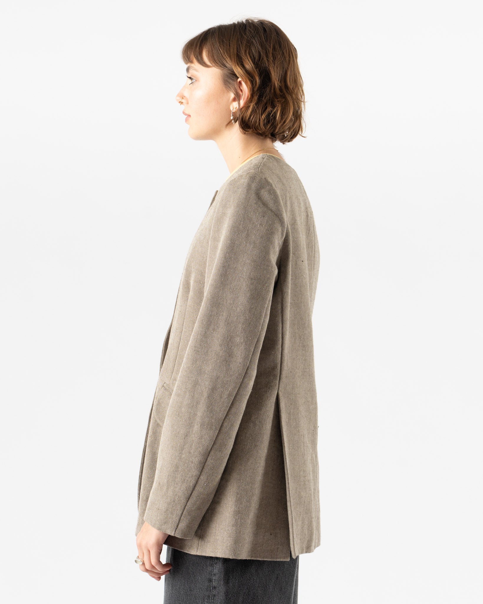 Cawley Japanese Linen Wool Constance Jacket in Chocolate/Natural Twill