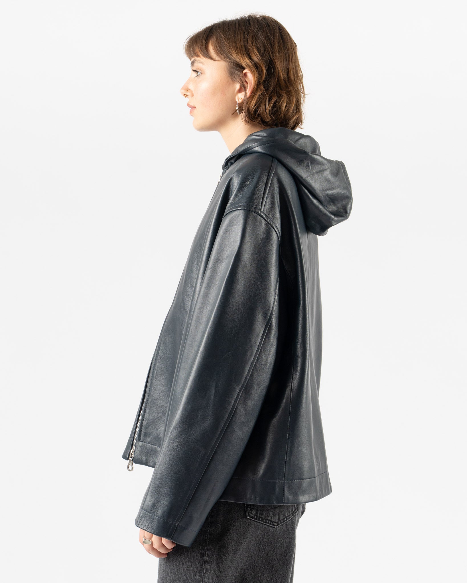 Cawley Nappa Leather Womens Hoodie in Navy