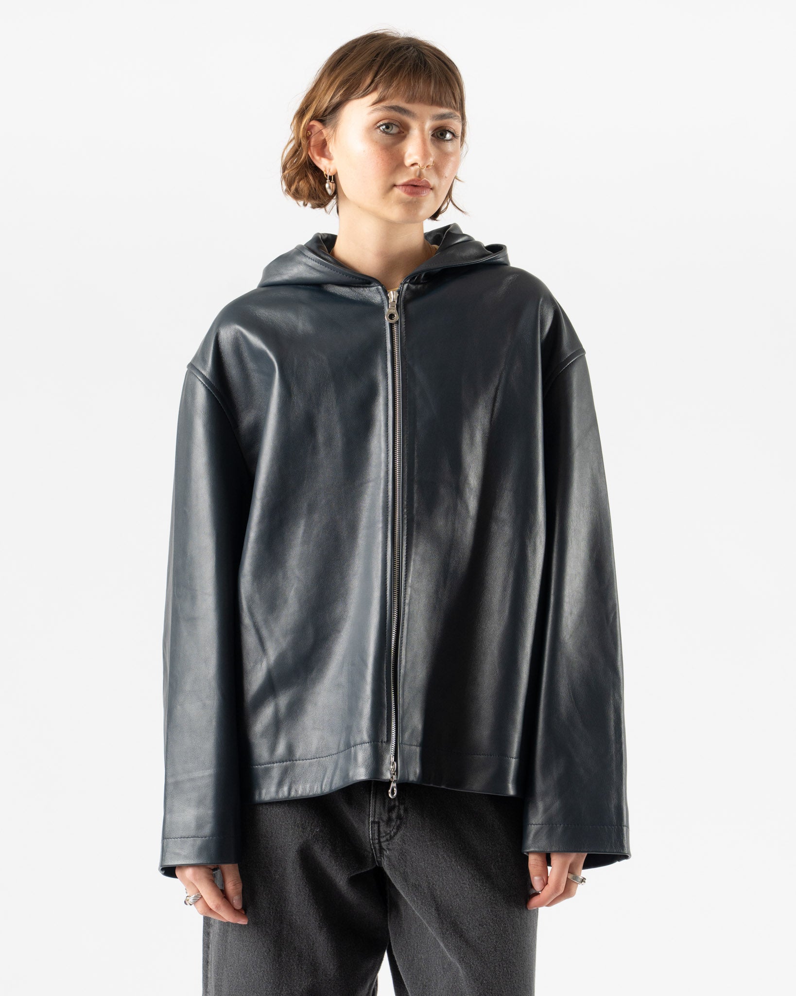 Cawley Nappa Leather Womens Hoodie in Navy