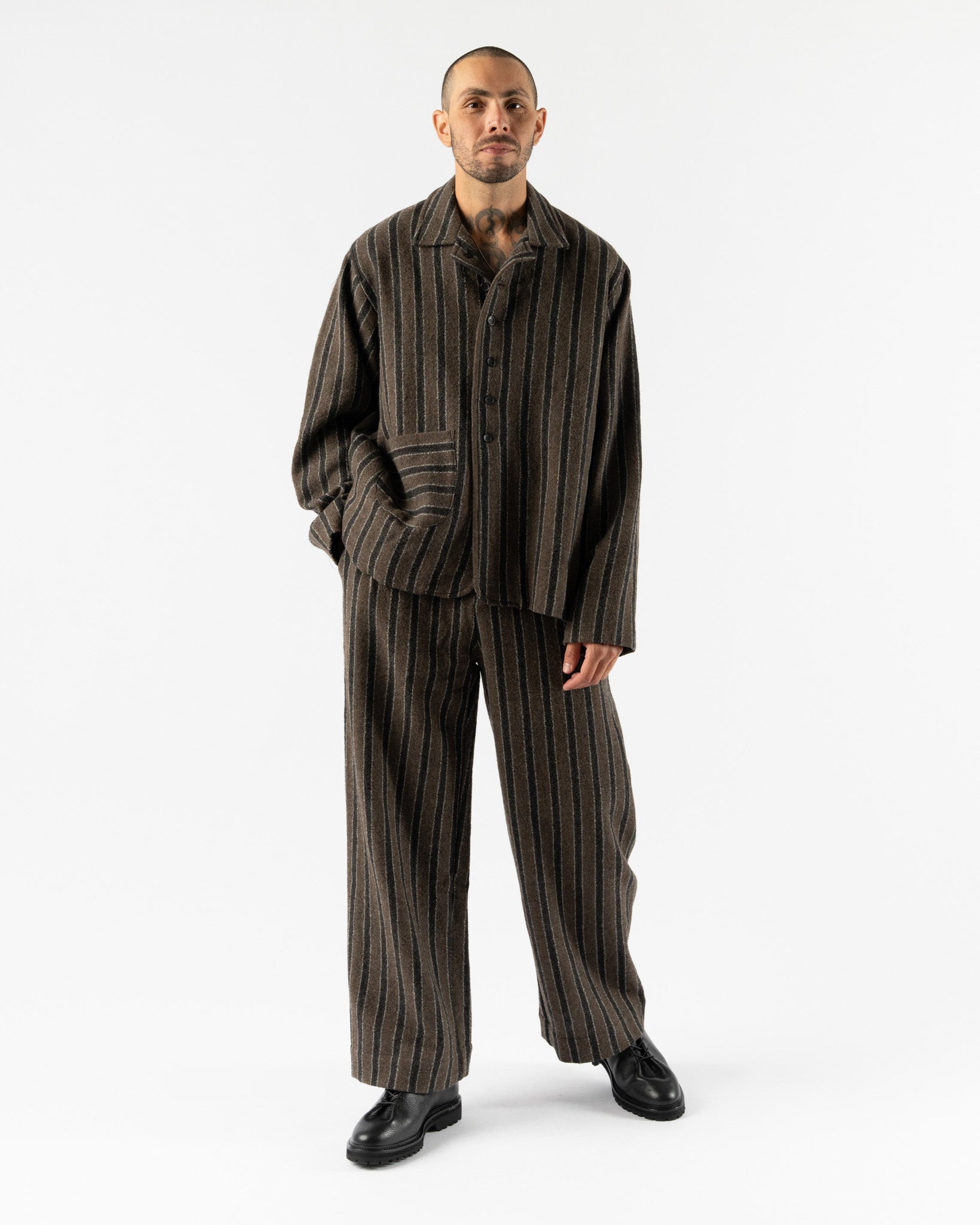Cawley Japanese Boucle Wool Willa Trouser in Brown/Charcoal Stripe