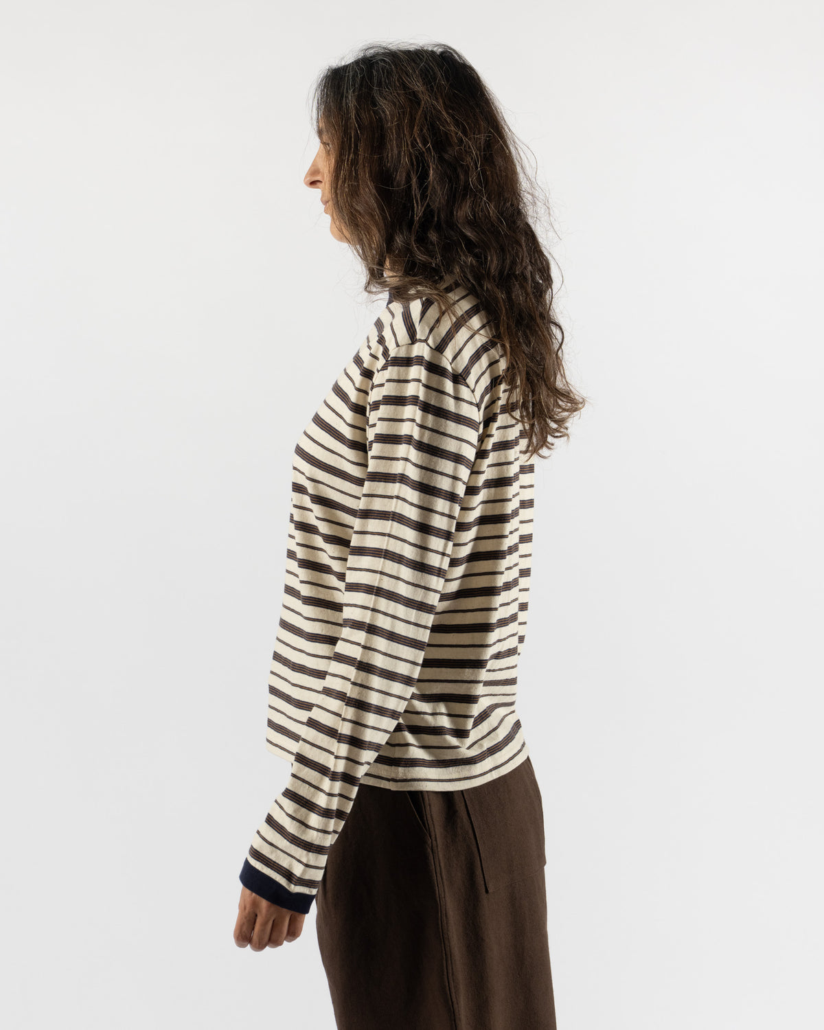 Cawley Japanese Striped Jersey L/S T-Shirt in Ecru/Navy/Ochre Stripe