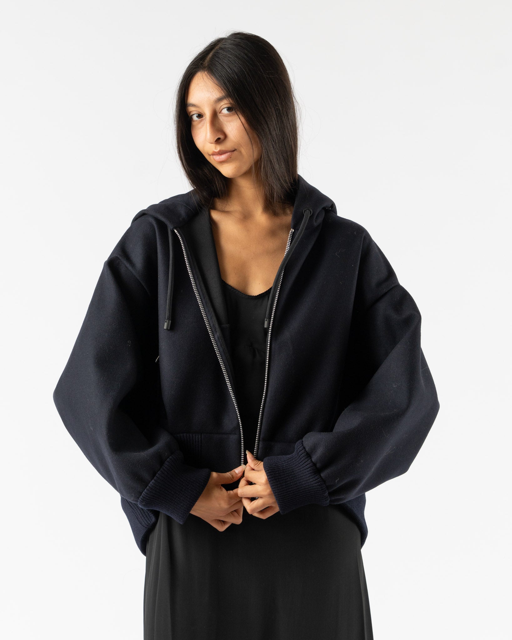 Simone Rocha Hooded Zip-Up Bomber Jacket in Navy/Jet