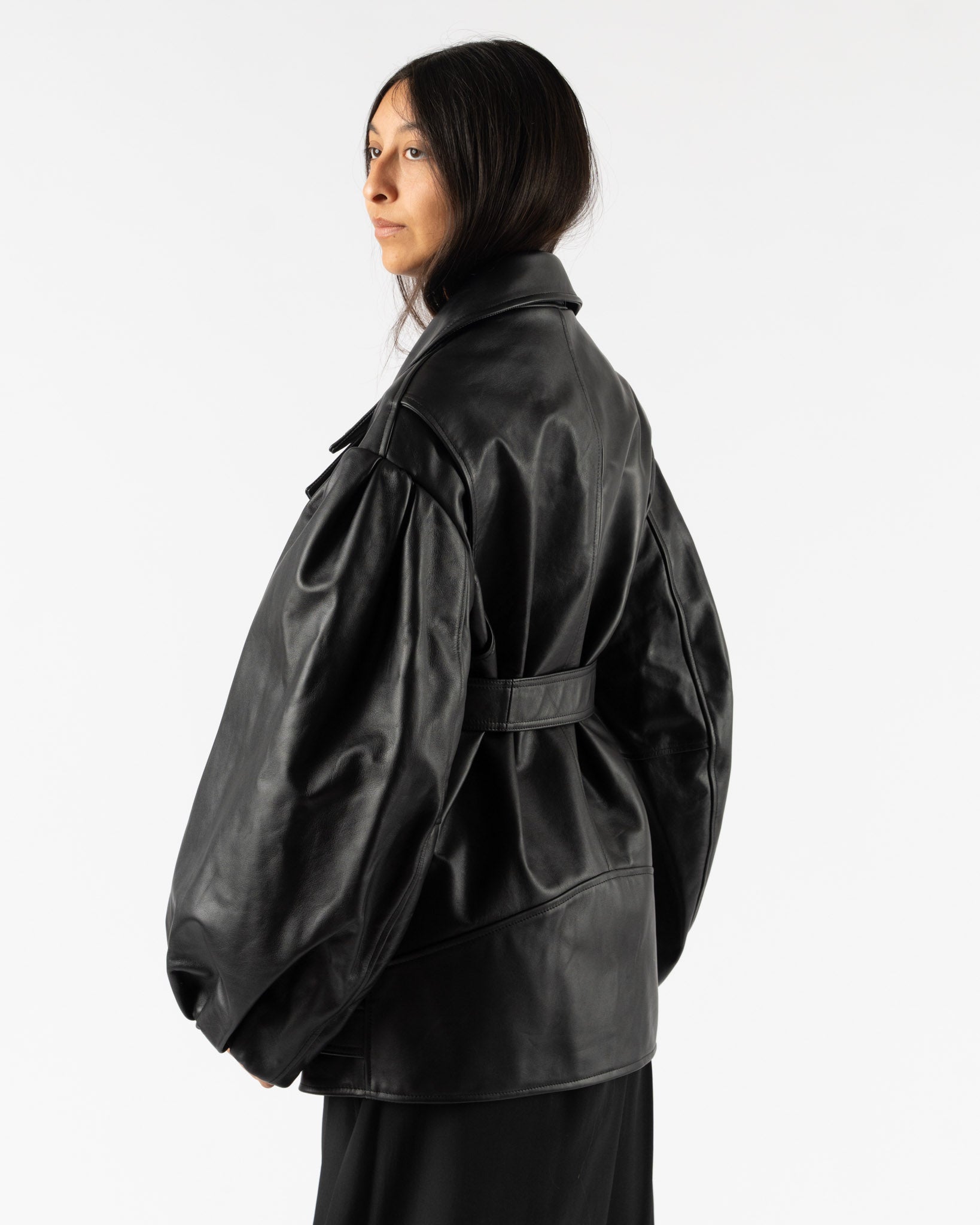 Simone Rocha Belted Long Sculpted Biker Coat in Black