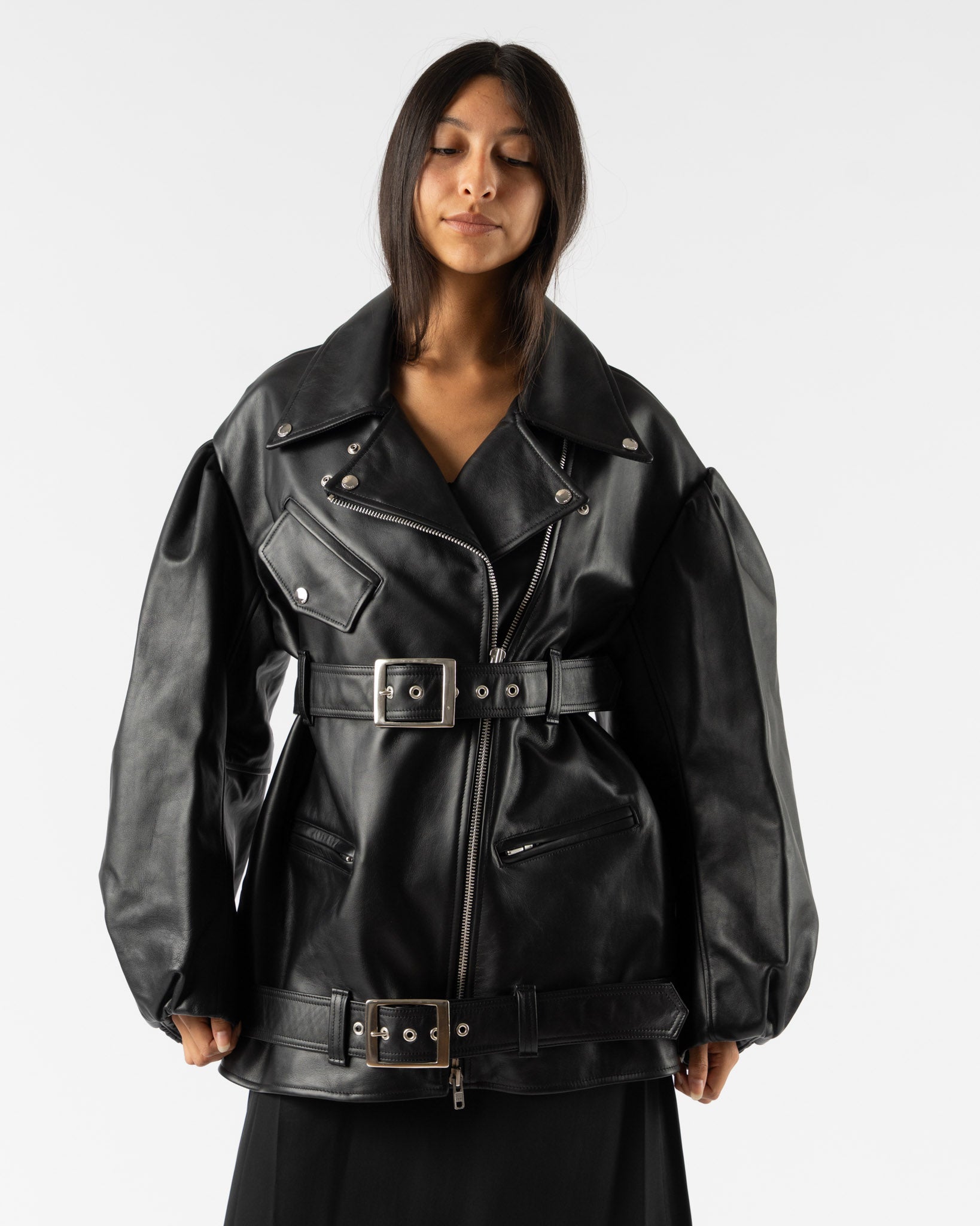 Simone Rocha Belted Long Sculpted Biker Coat in Black