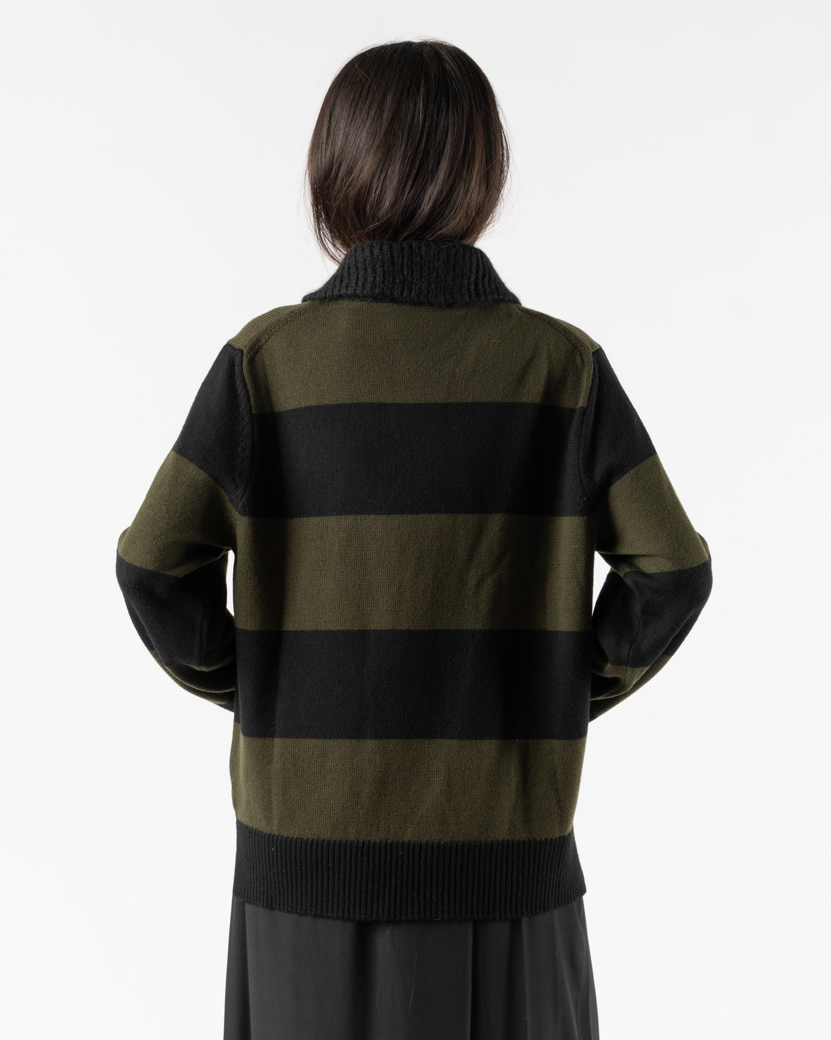 Simone Rocha Fuzzy Collar Striped Rugby Knit Jumper in Khaki/Black Jet