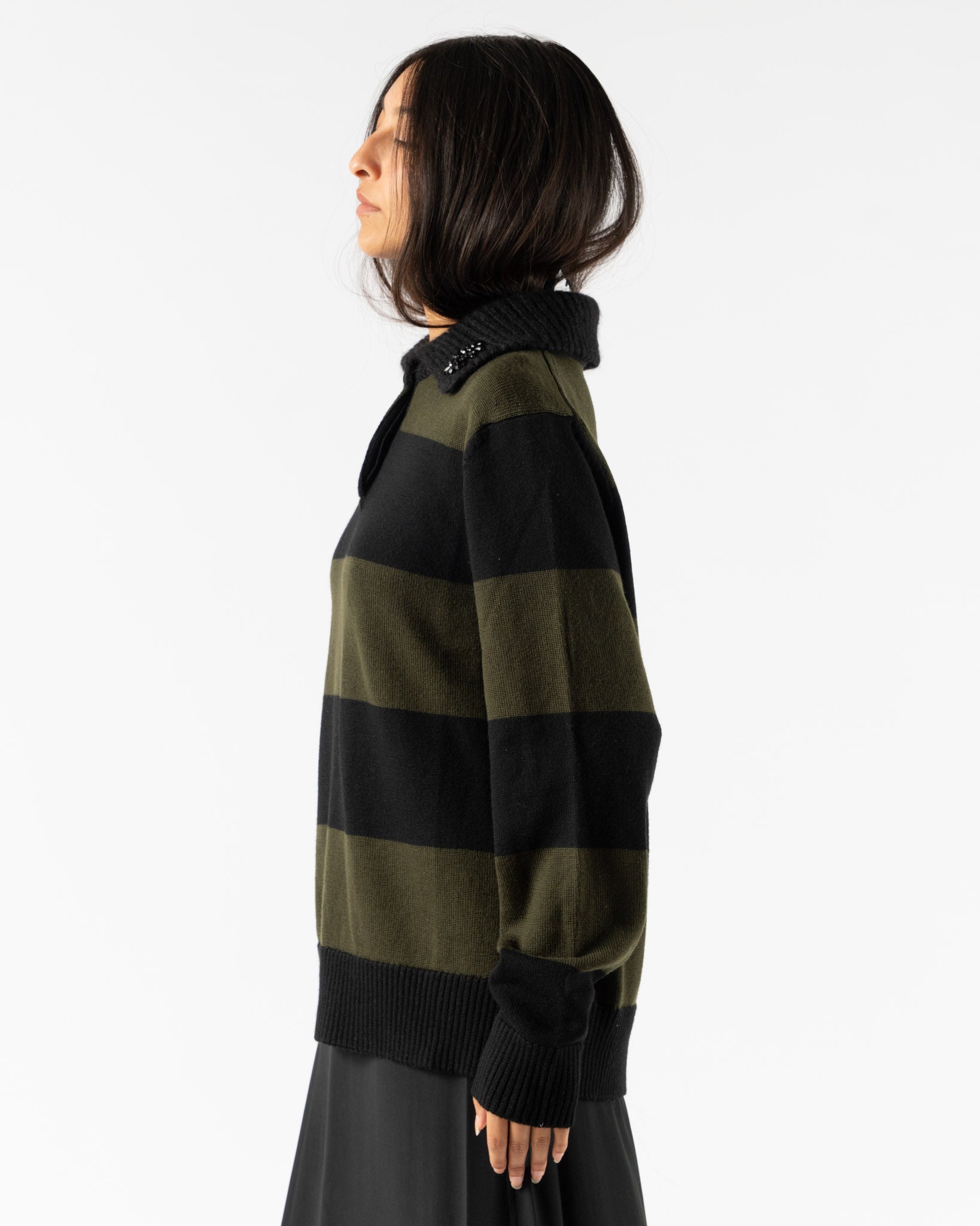 Simone Rocha Fuzzy Collar Striped Rugby Knit Jumper in Khaki/Black Jet