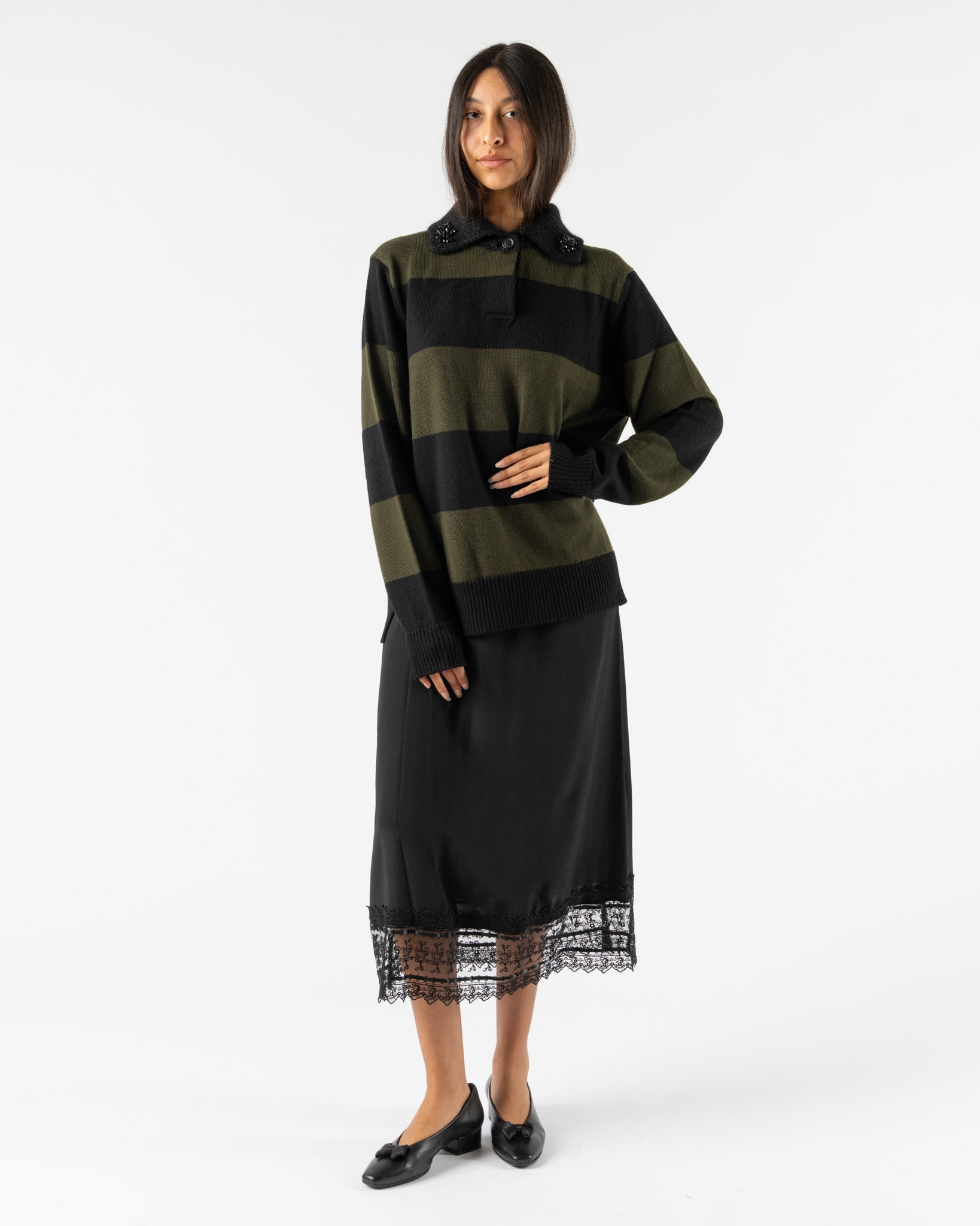 Simone Rocha Fuzzy Collar Striped Rugby Knit Jumper in Khaki/Black Jet