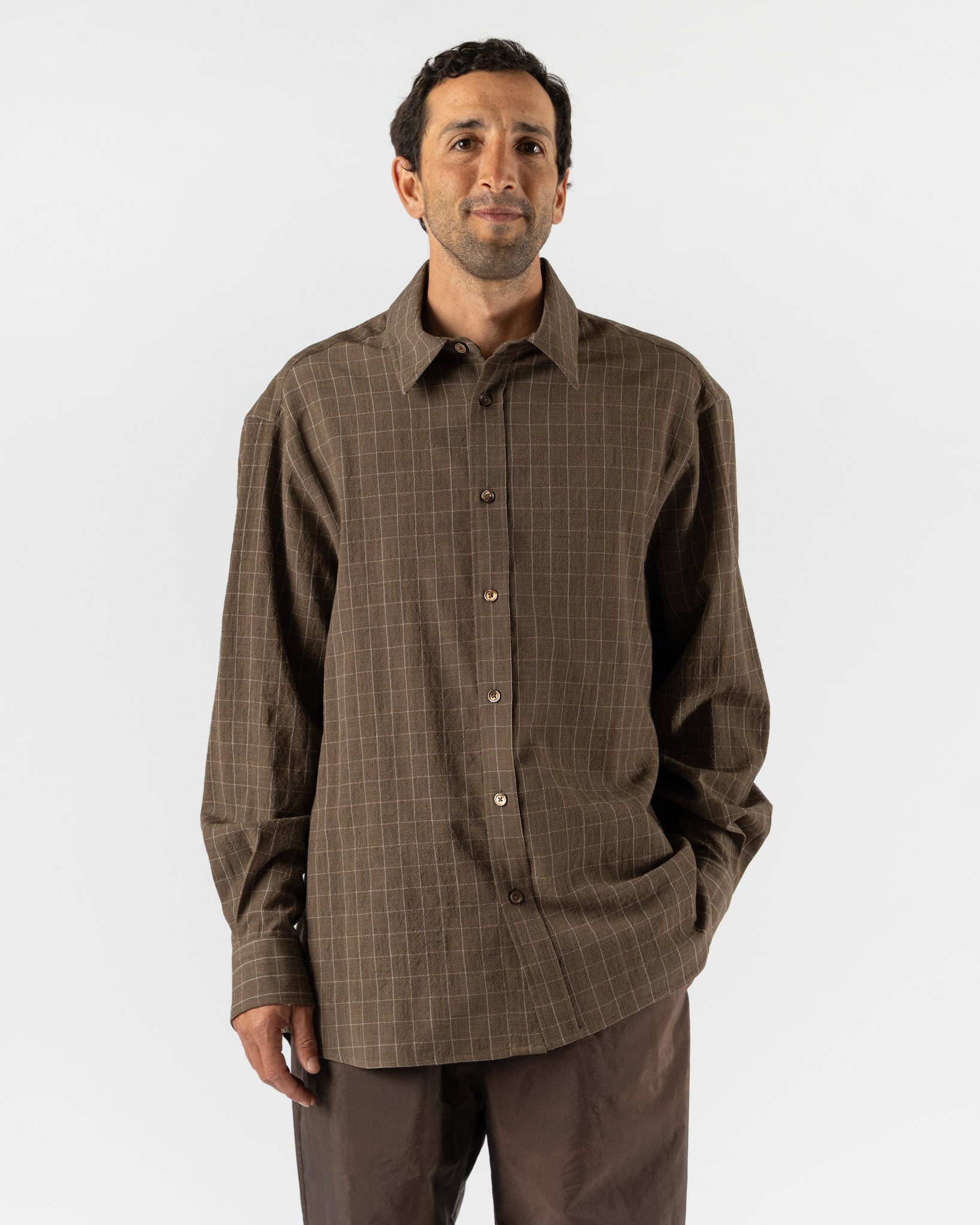 brown check dress shirt Light Brown Plaid Long Sleeve Men Button Up Shirt, Beige Cream Check Tartan Print Dress Buttoned Collar Dress Shirt with Chest Pocket