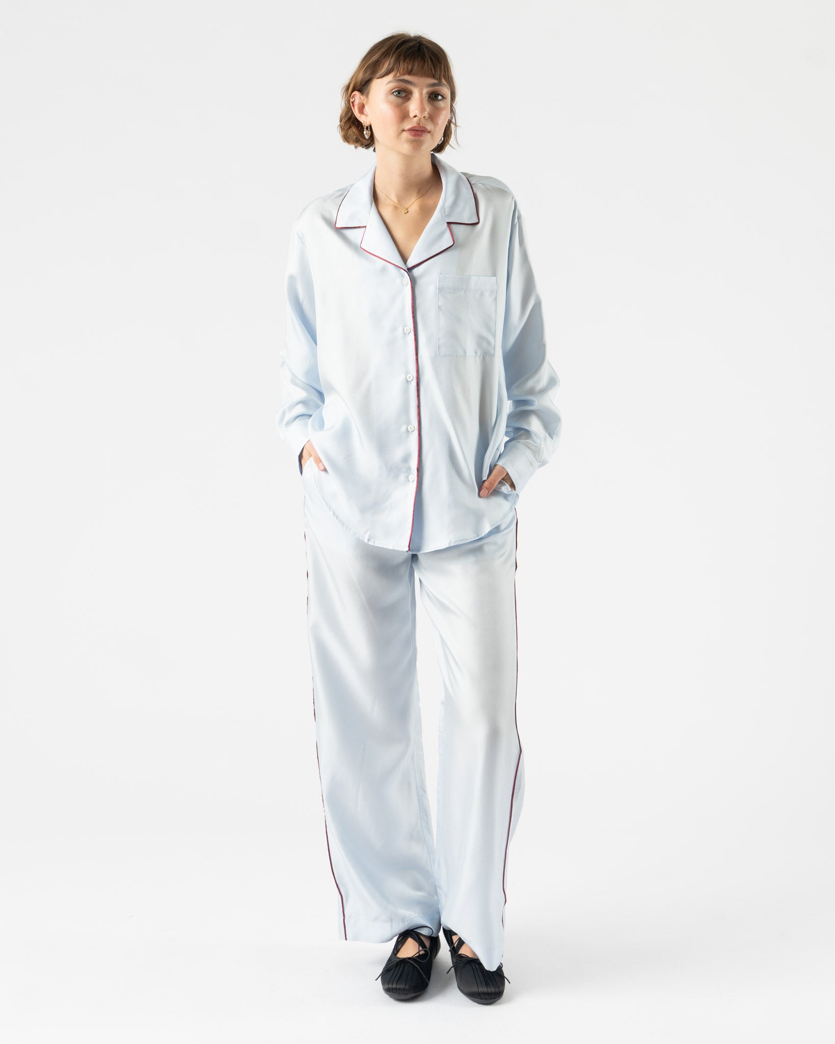 Comme Si Notched Collar Shirt in Glacier/Maroon