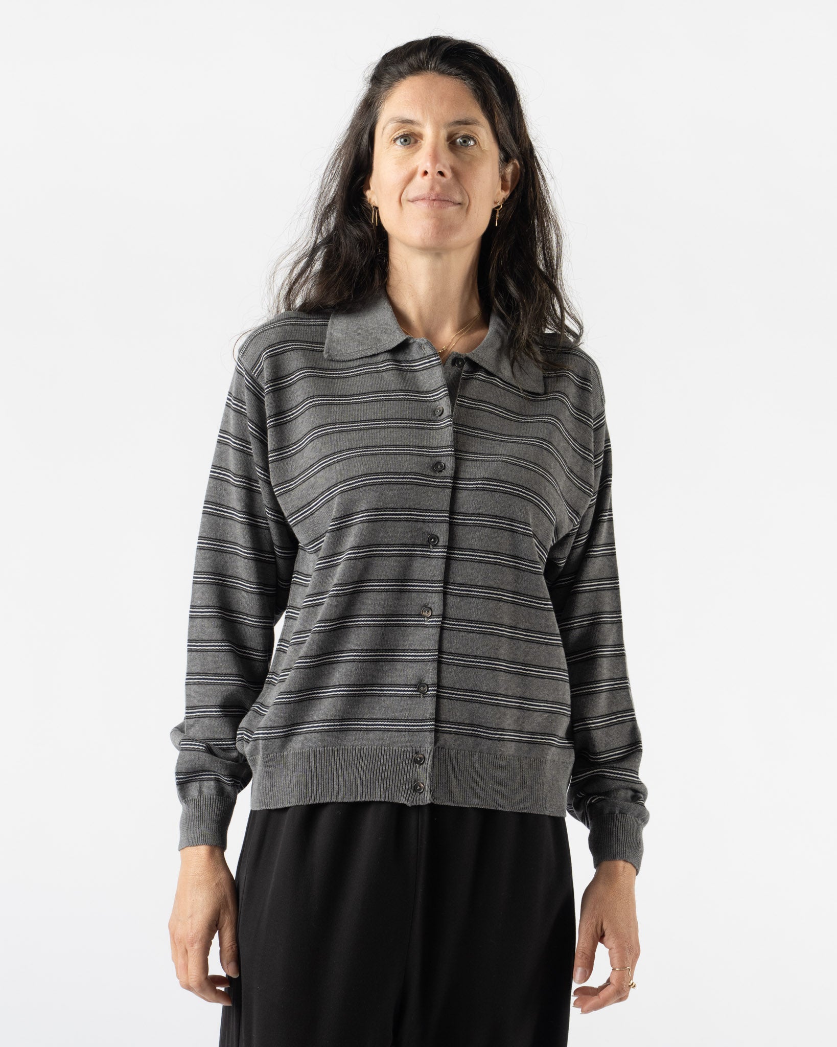 Cordera Organic Cotton Striped Polo Cardigan Grey