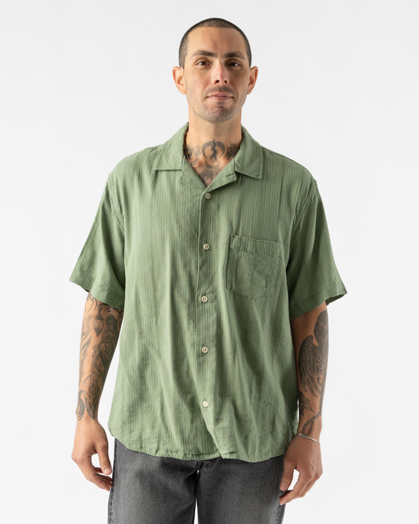 Corridor Striped Seersucker SS Shirt in Green