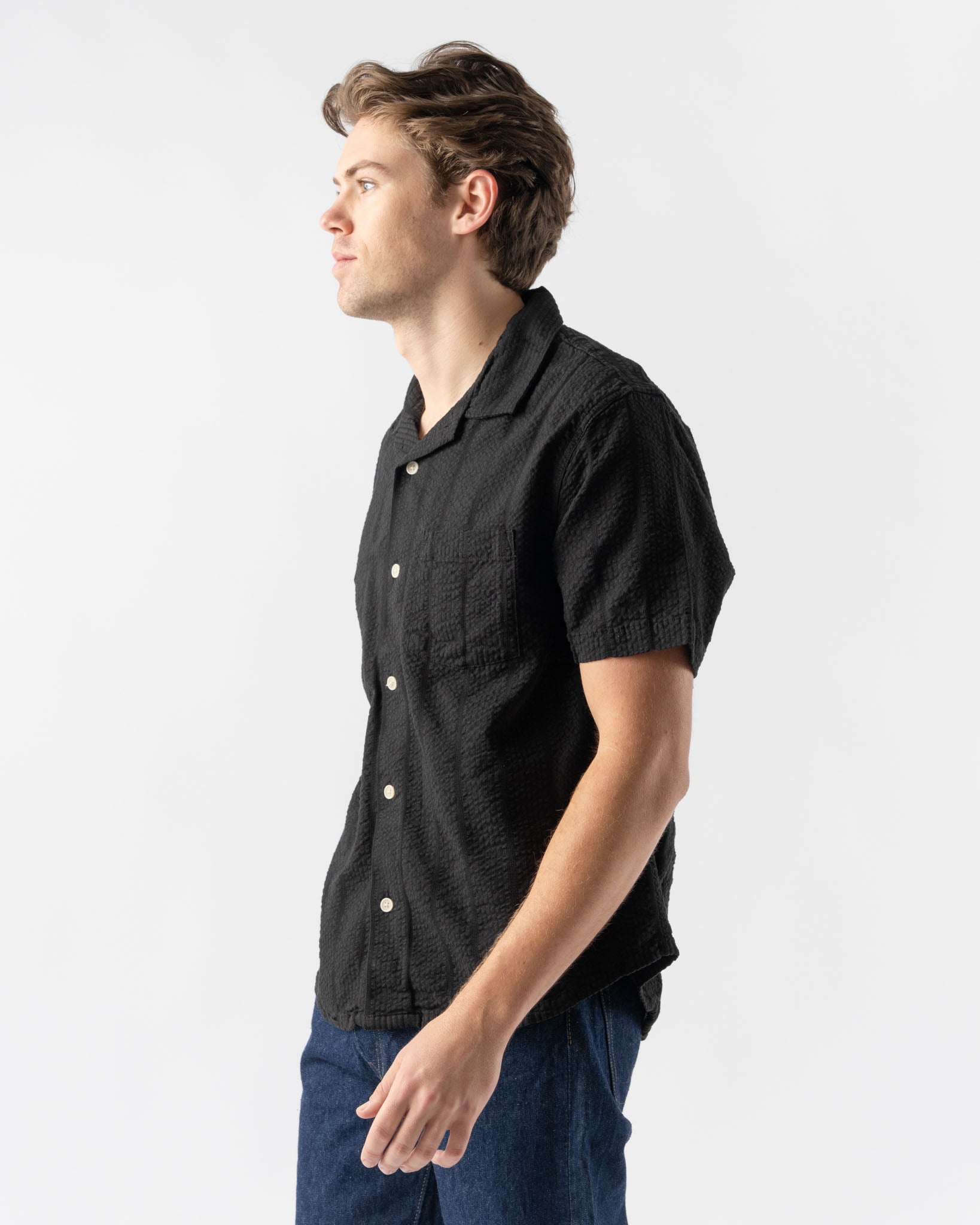 Corridor Striped Seersucker SS Shirt in Black