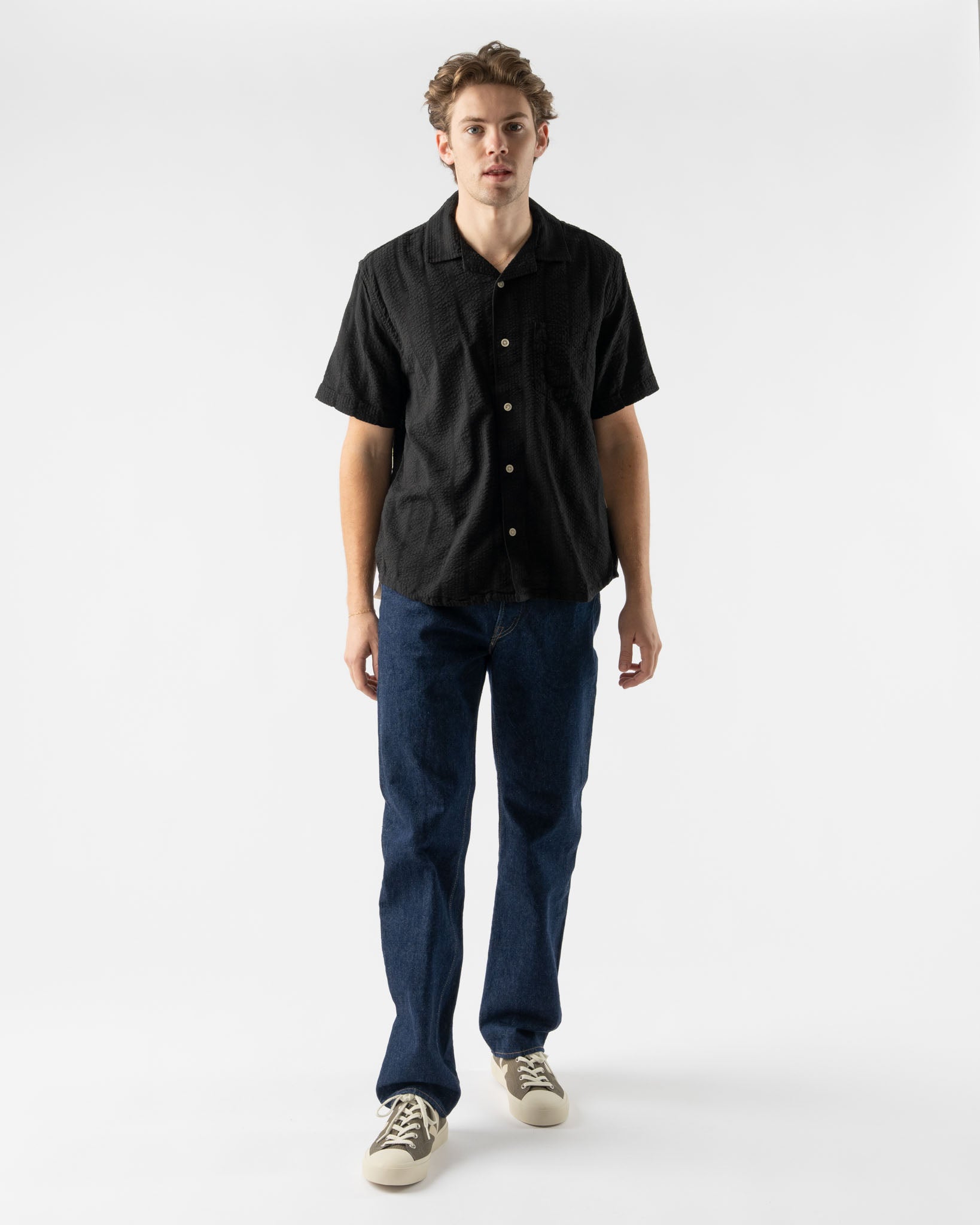 Corridor Striped Seersucker SS Shirt in Black