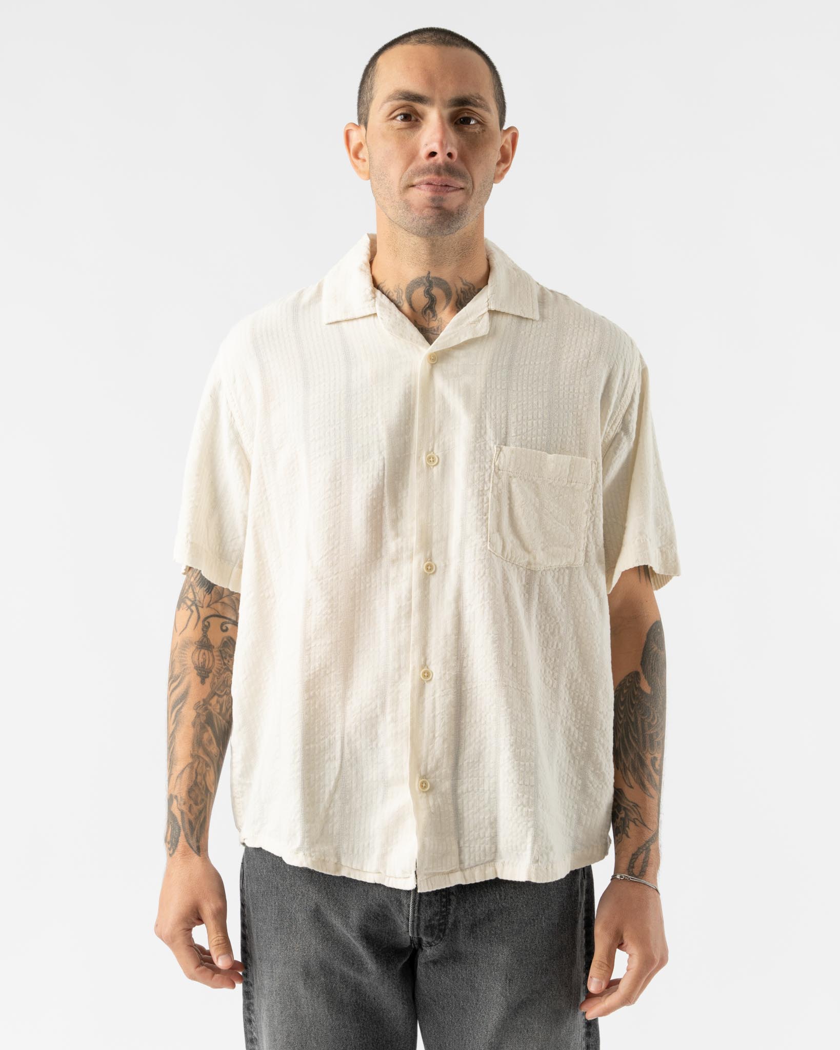 Corridor Striped Seersucker SS Shirt in Black