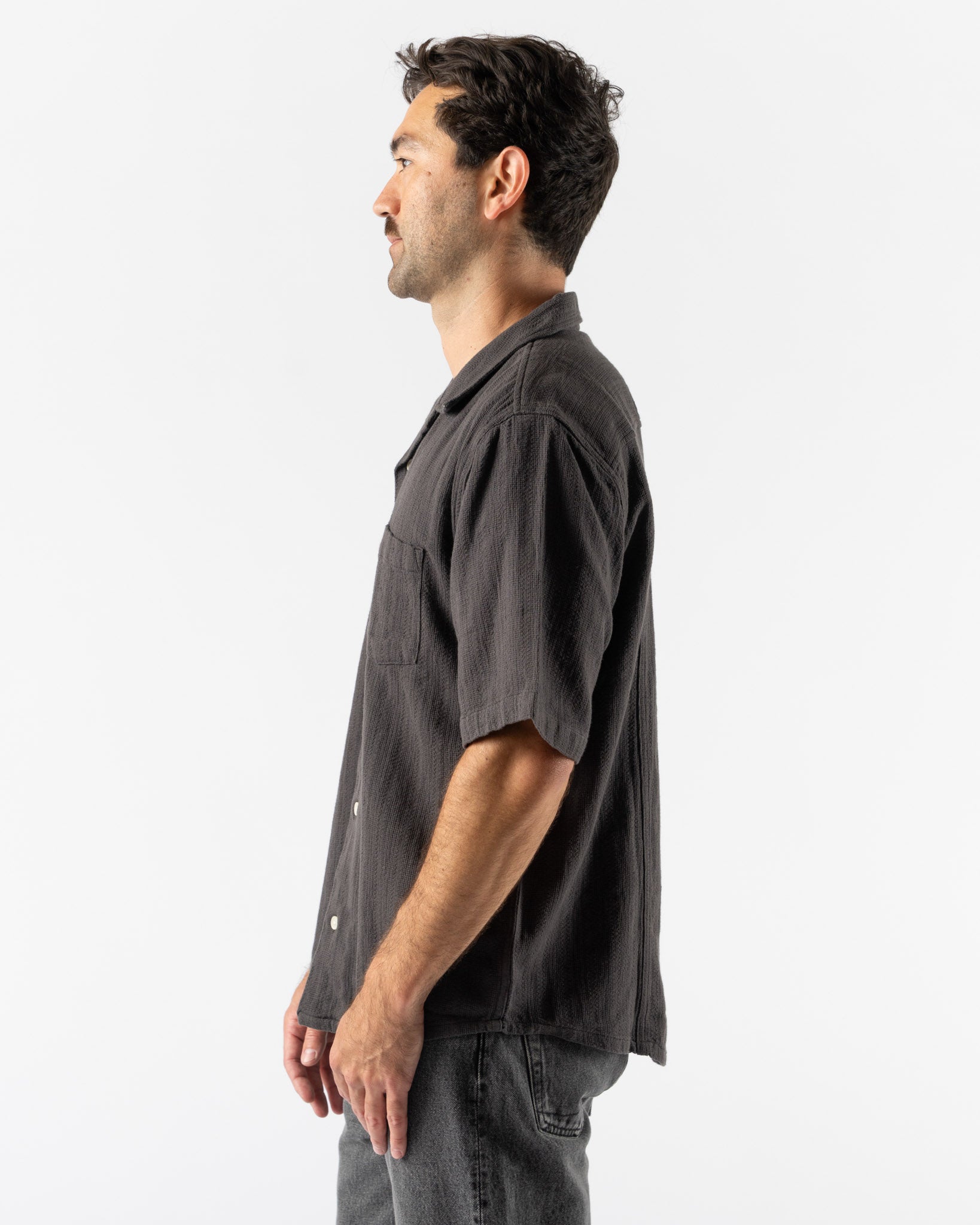 Corridor Basketweave Stripe SS Camp Shirt in Black