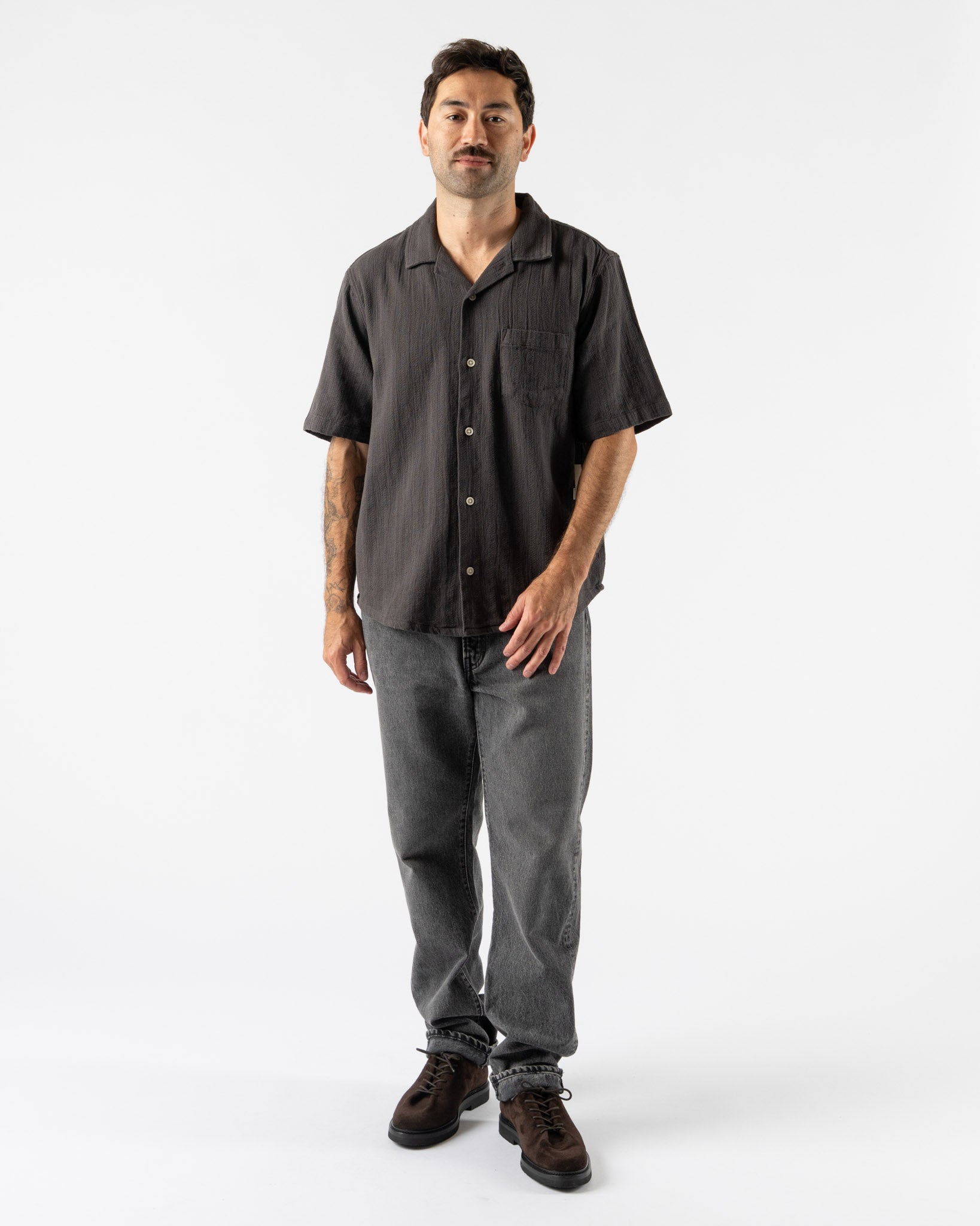 Corridor Basketweave Stripe SS Camp Shirt in Black