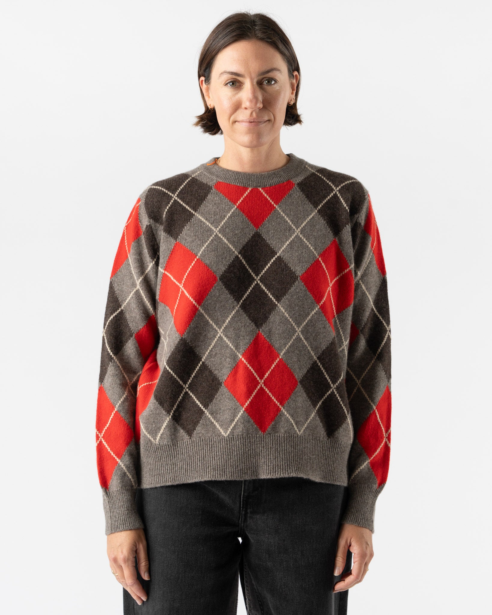 &Daughter Argyle Slouch Crewneck in Grey with Red