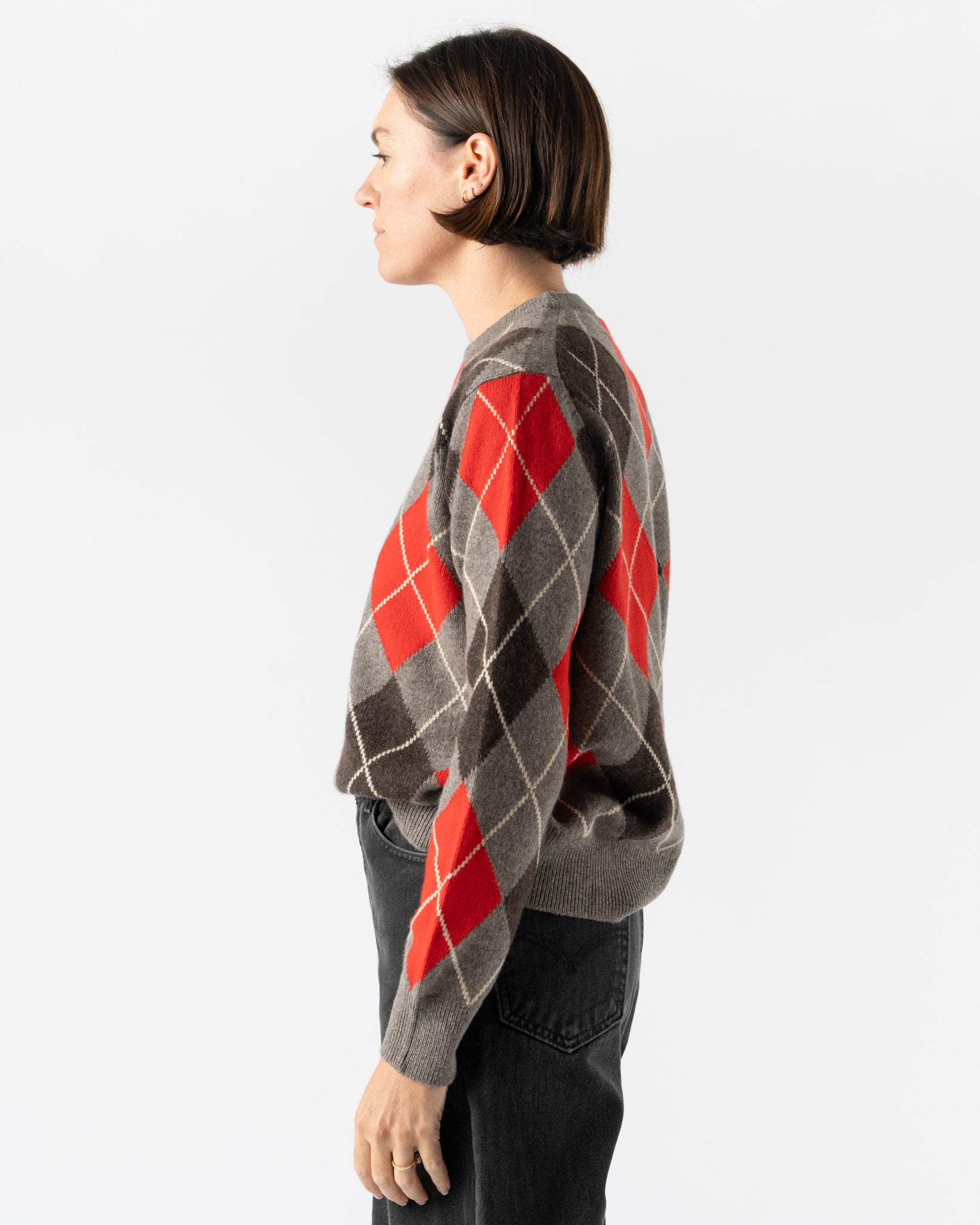 &Daughter Argyle Slouch Crewneck in Grey with Red
