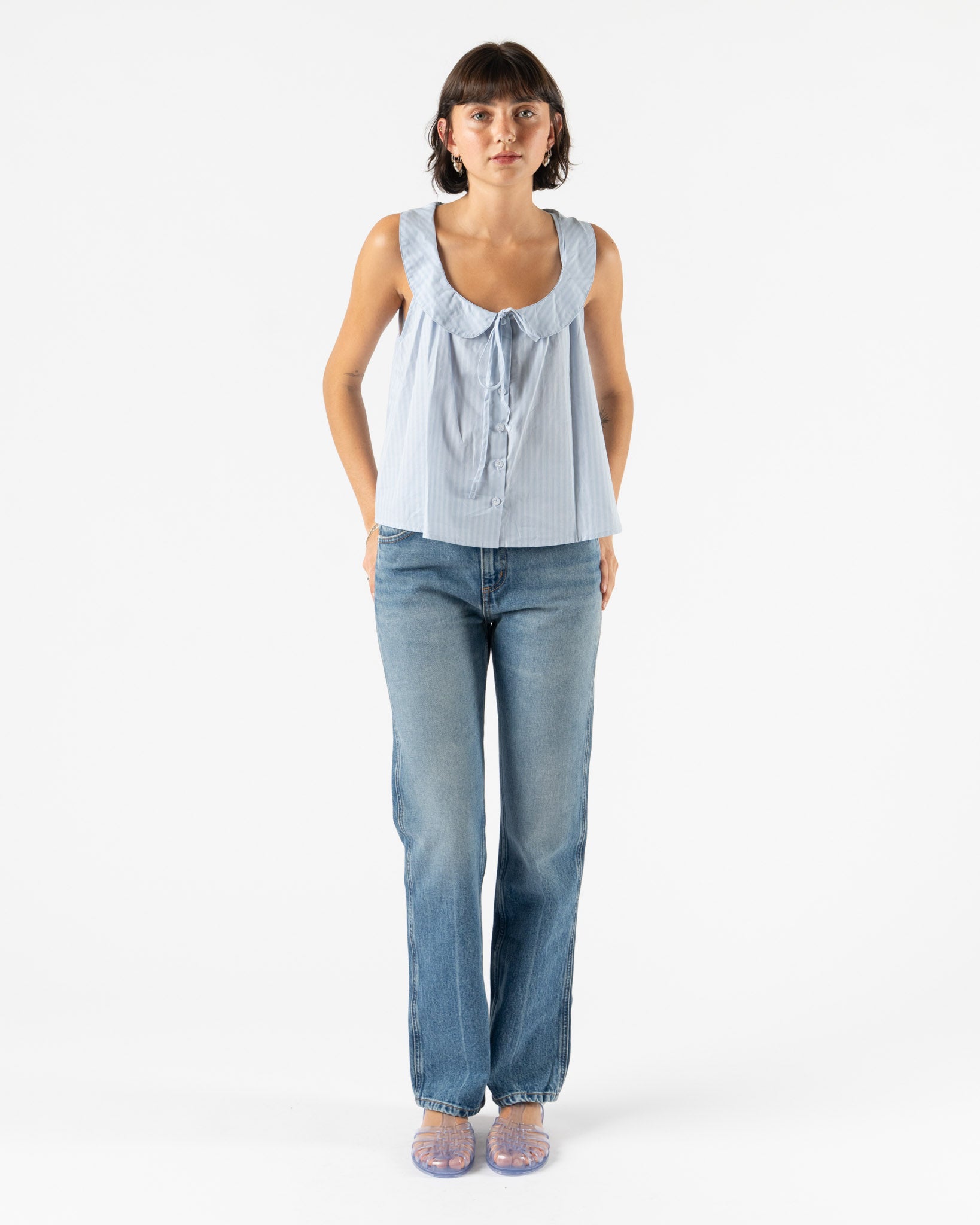 Deiji Studios Round Collar Top in Lake Blue Stripe