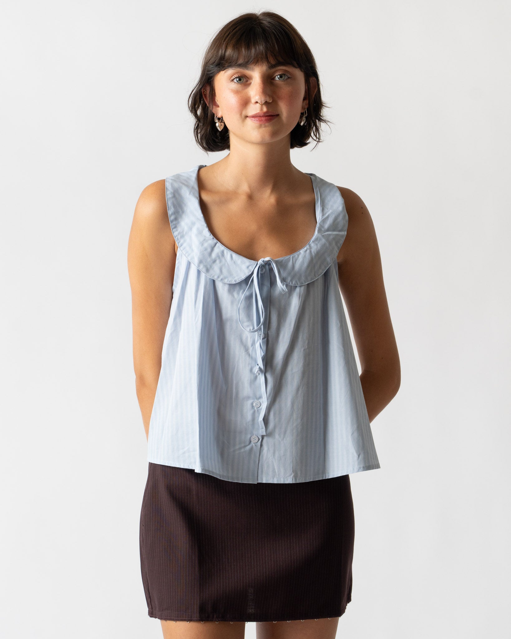 Deiji Studios Round Collar Top in Lake Blue Stripe