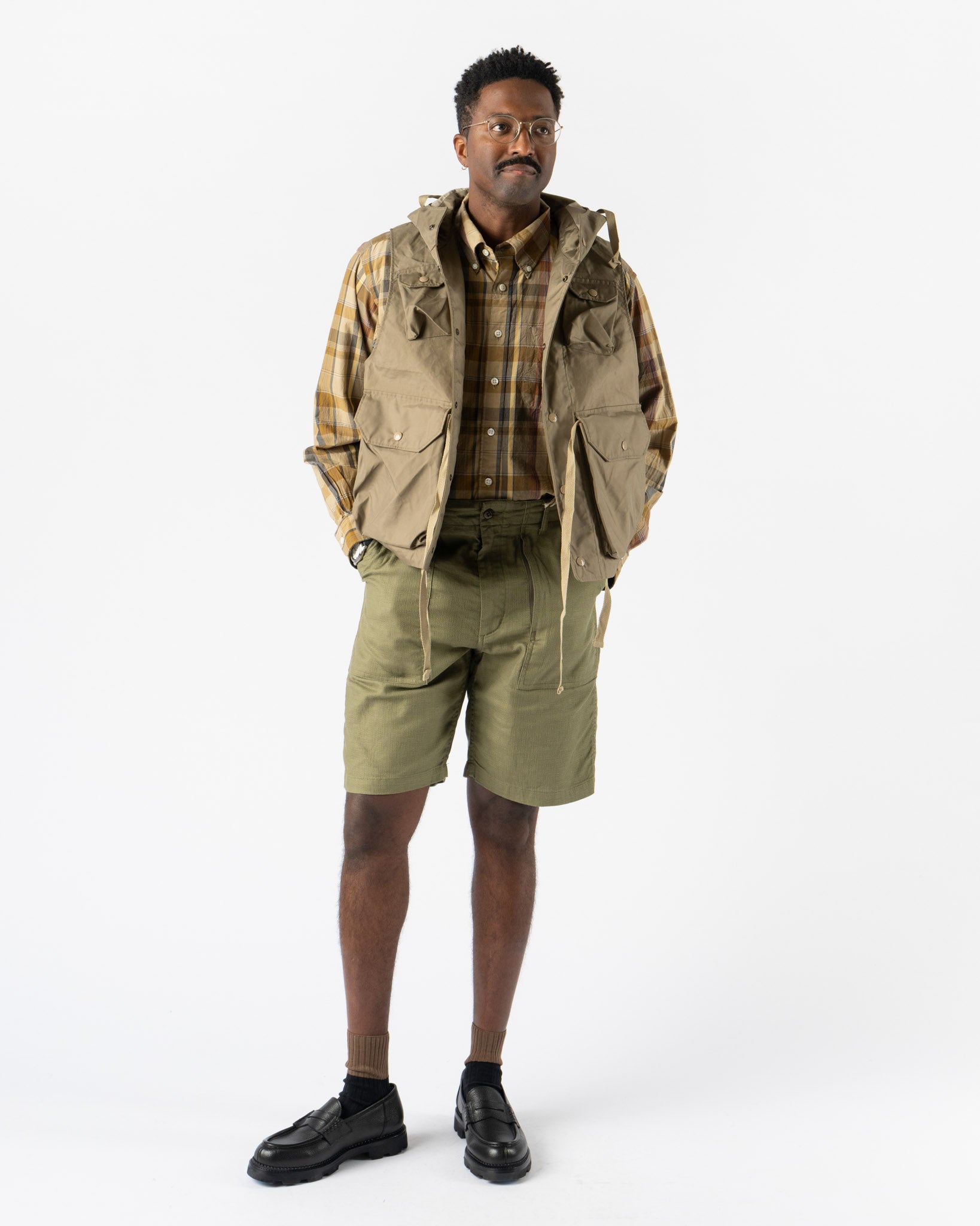 Engineered Garments Field Vest in Khaki 3 Layers Nyco