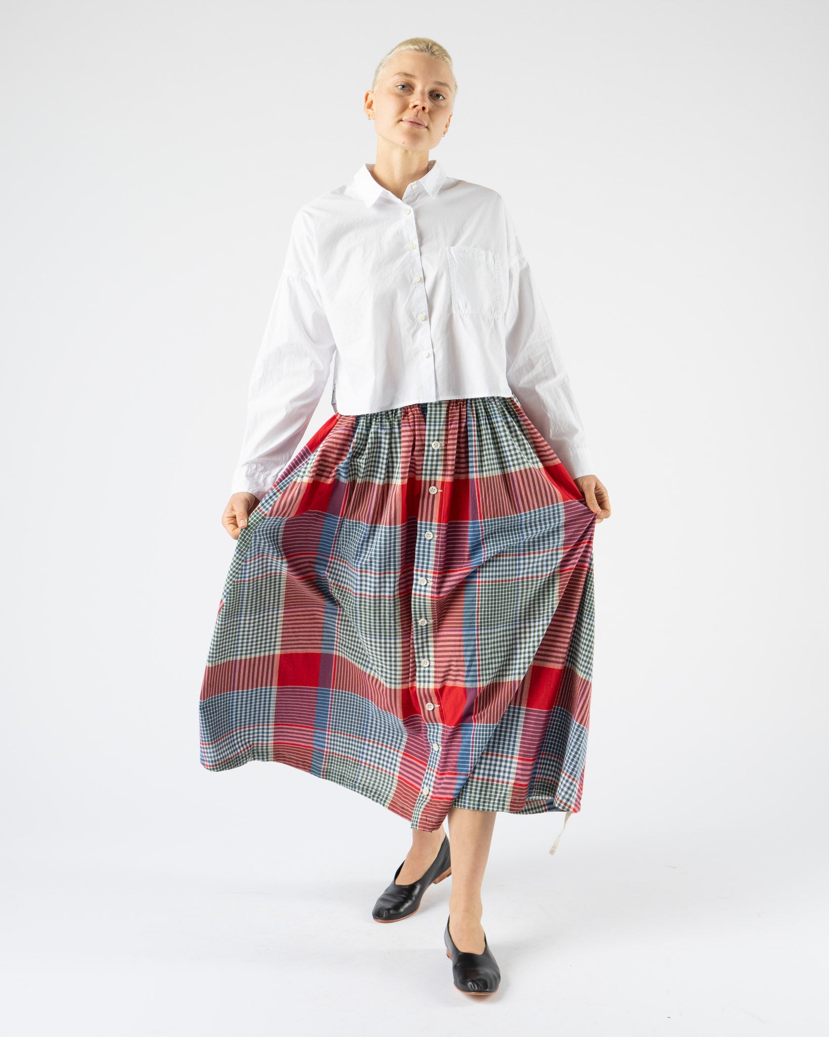 Engineered Garments Gather Skirt in Red/Green Cotton Big Madras Plaid
