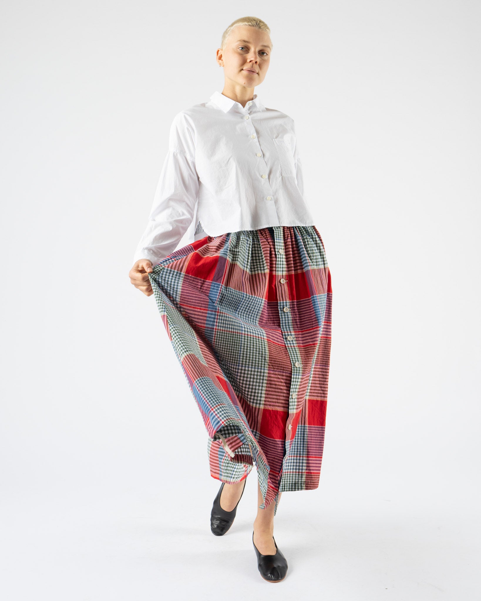 Engineered Garments Gather Skirt in Red/Green Cotton Big Madras Plaid