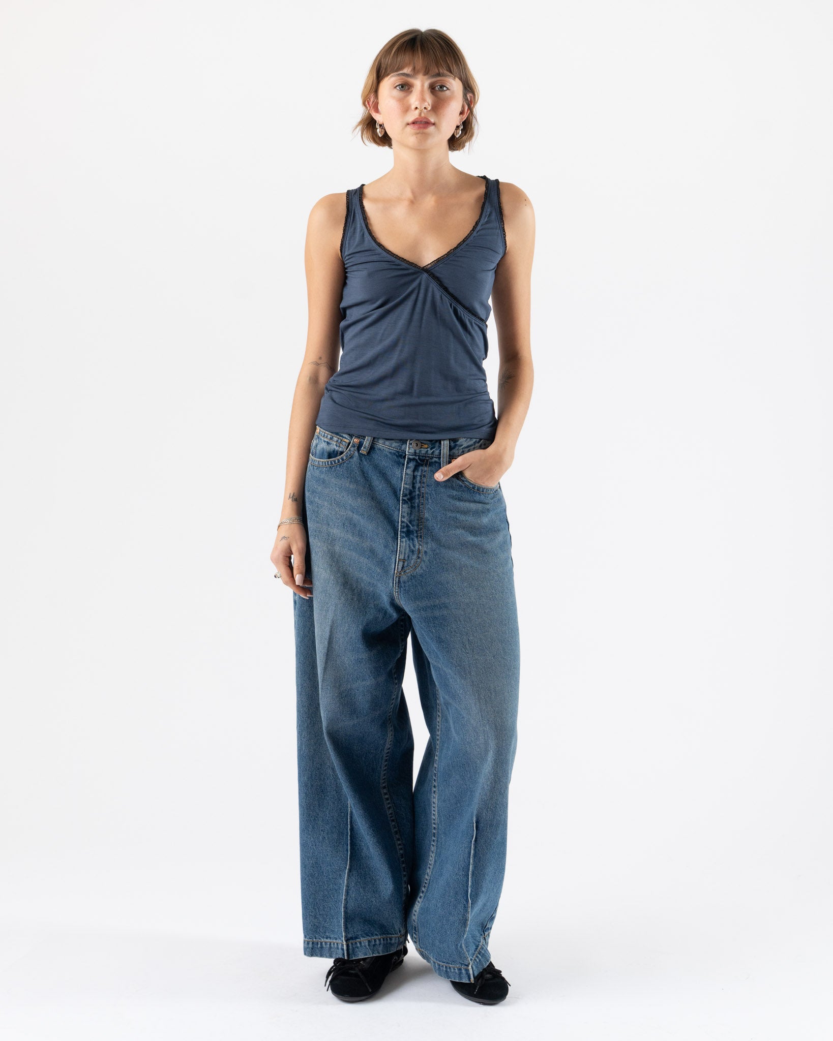 Fruity Booty Frill Wrap Top in Navy