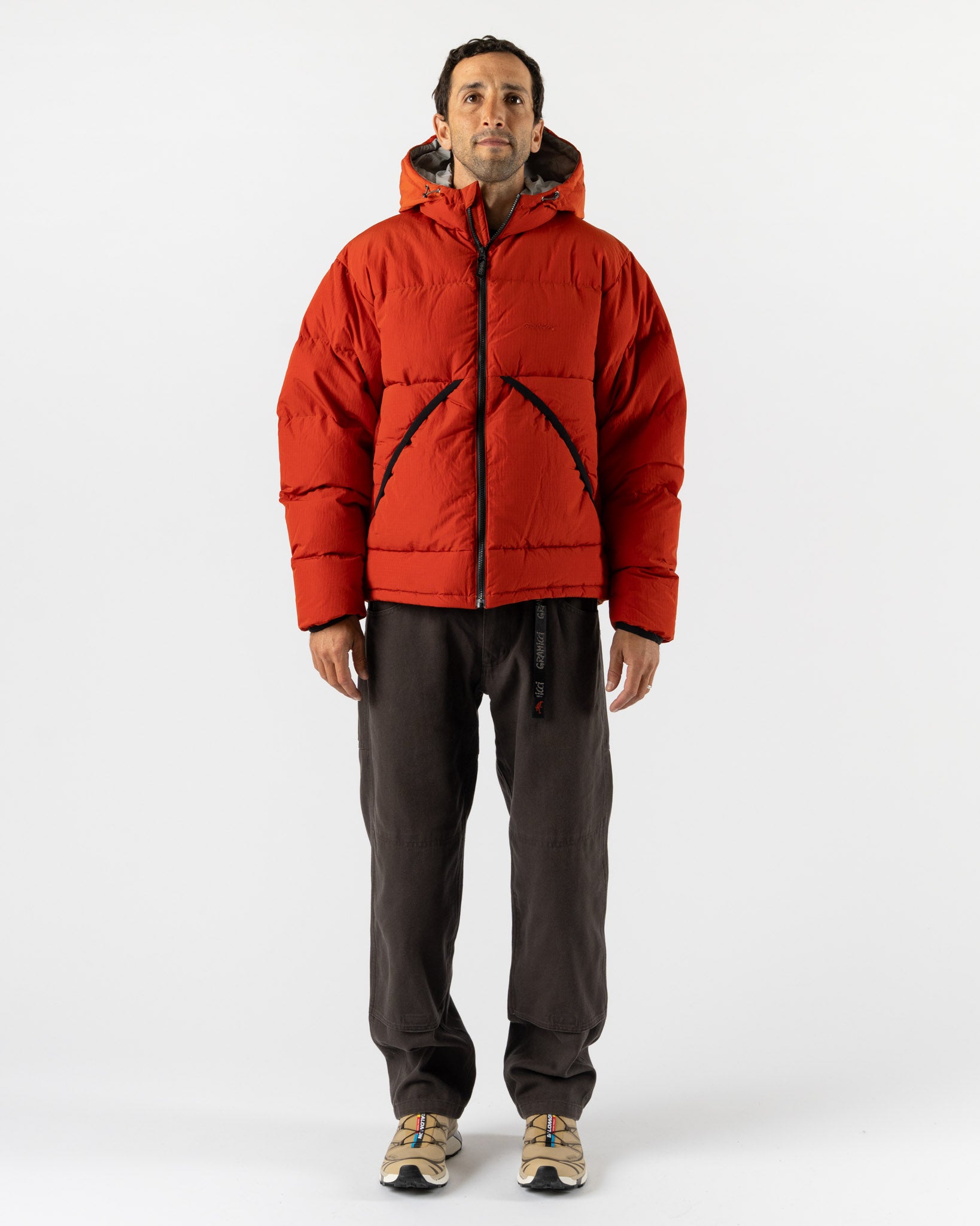 Gramicci Down Puffer Hooded Jacket in Burnt Red