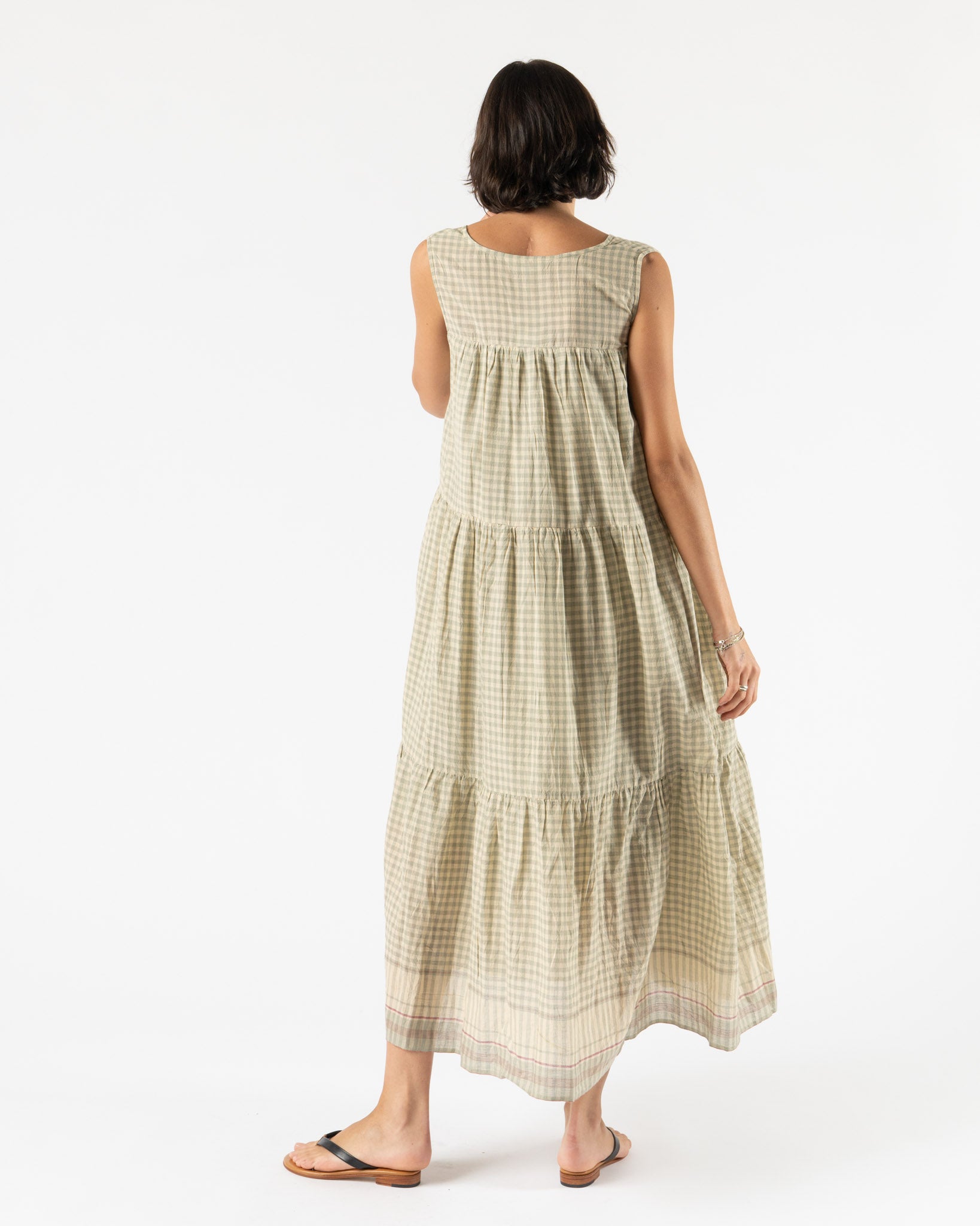 Ichi Antiquités Gingham Check India Khadi Cotton Dress in Khaki