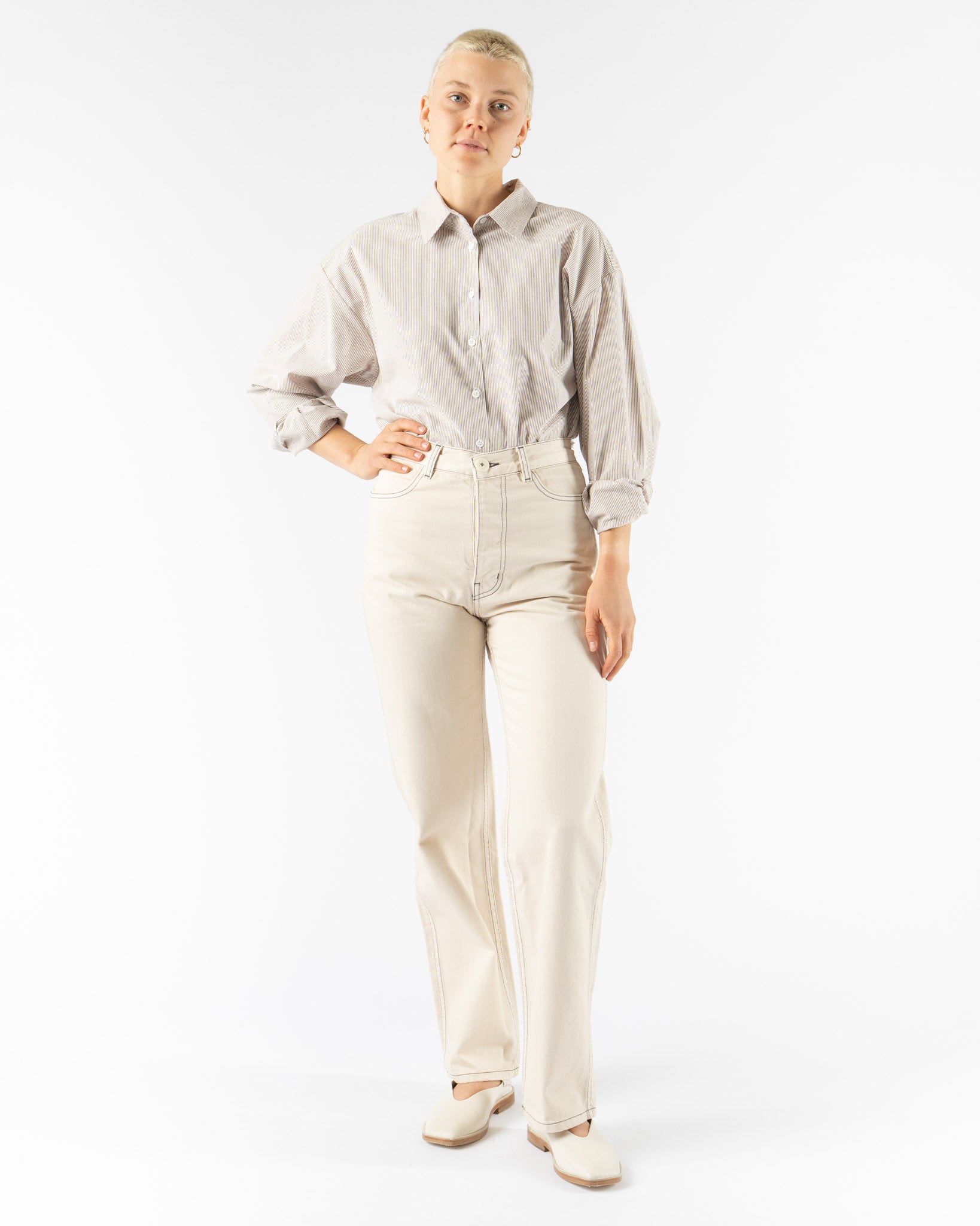 Jesse Kamm Specialty Alberta Shirt in Sand Super Fine Stripe
