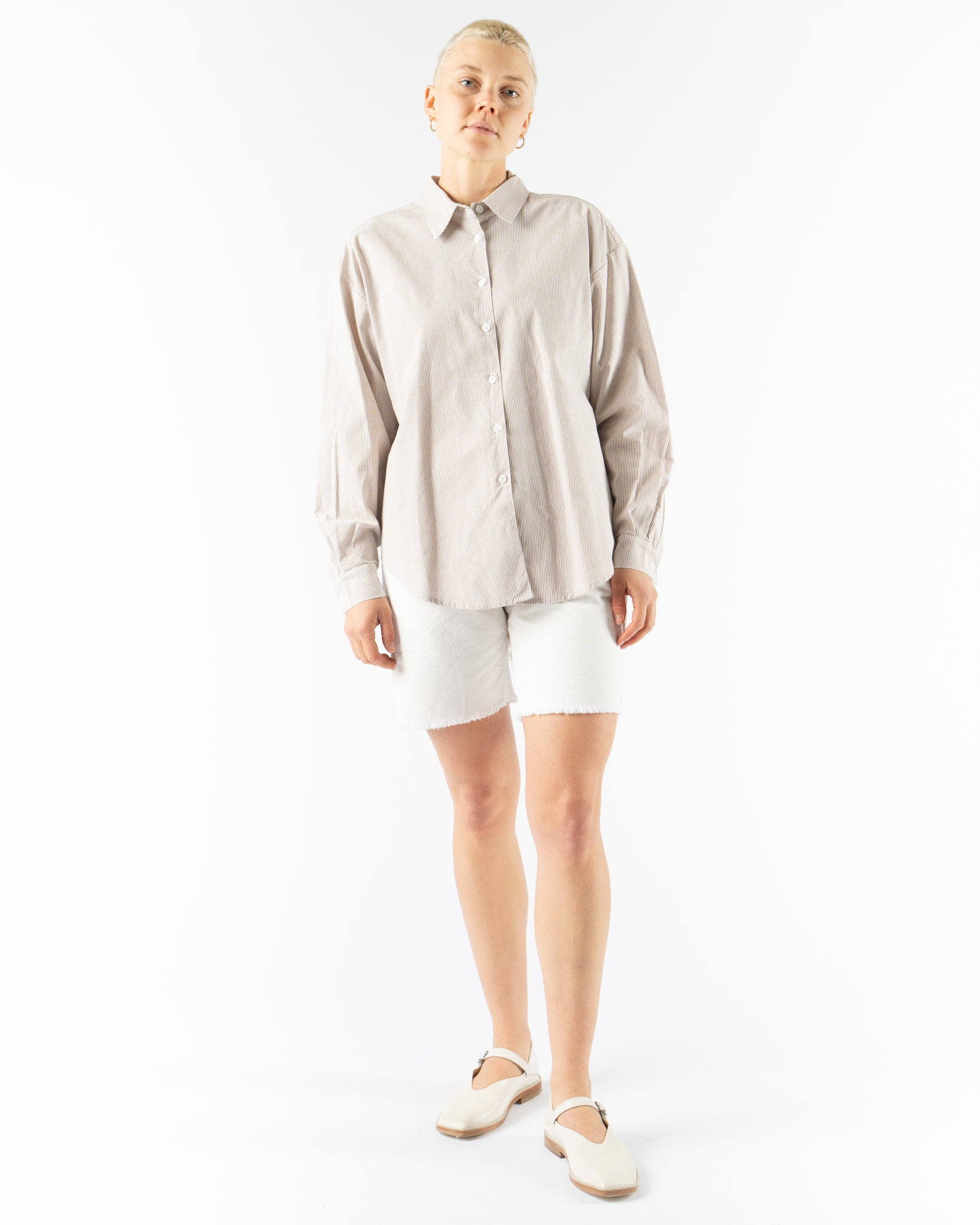 Jesse Kamm Specialty Alberta Shirt in Sand Super Fine Stripe