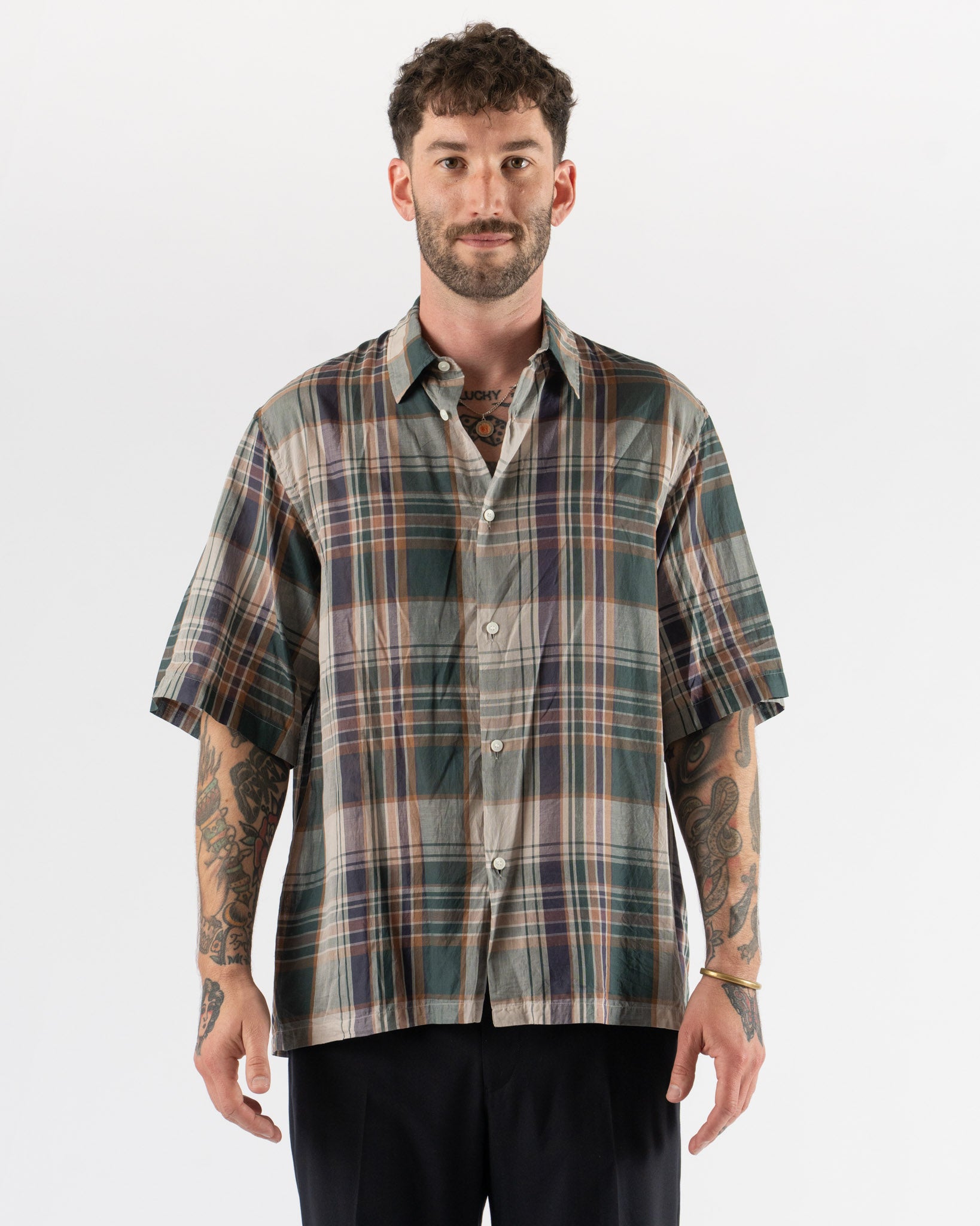 Kaptain Sunshine Gauze Plaid Plain SS Shirt in Forest Plaid