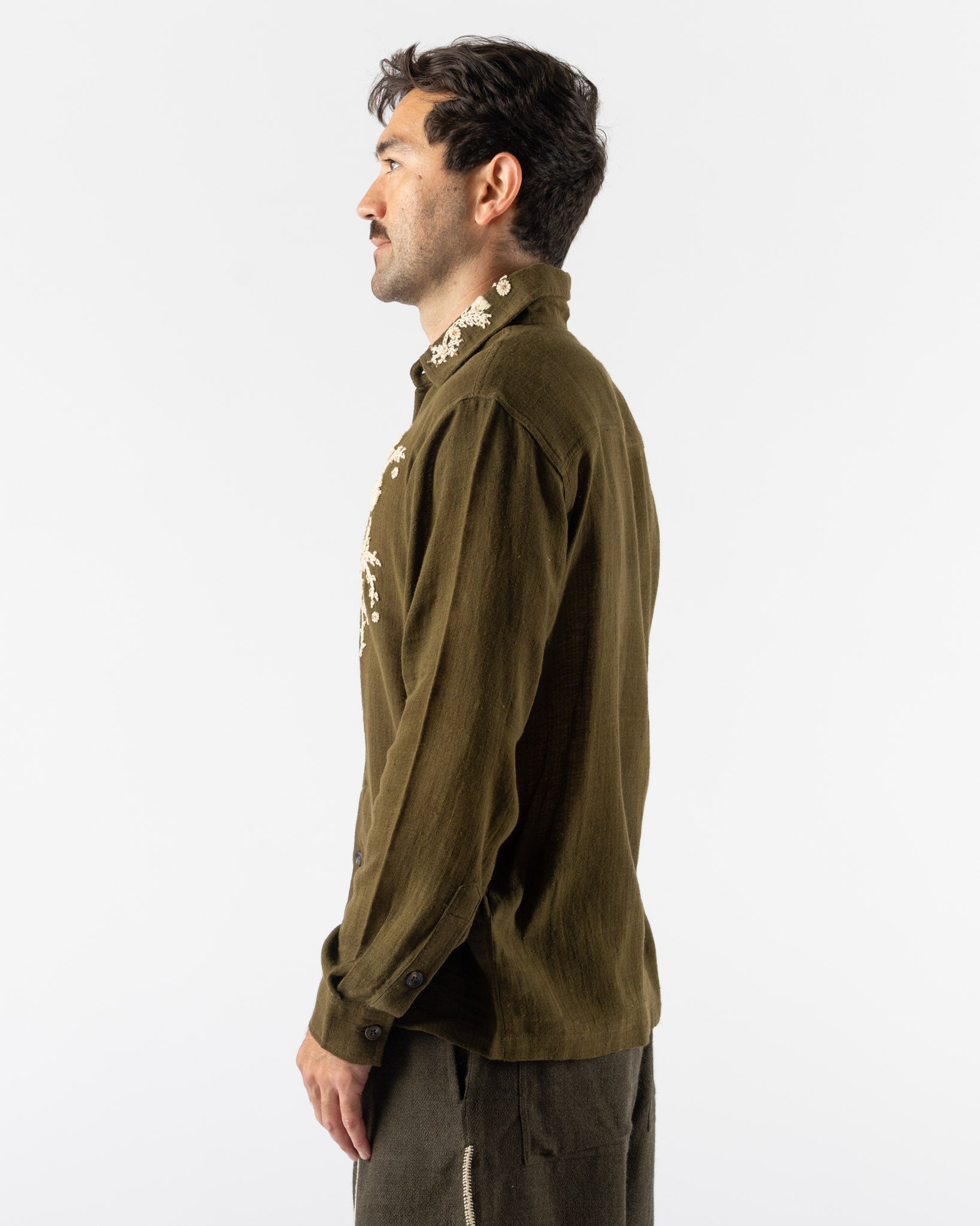 Kartik Research Western Shirt in Olive/Ecru