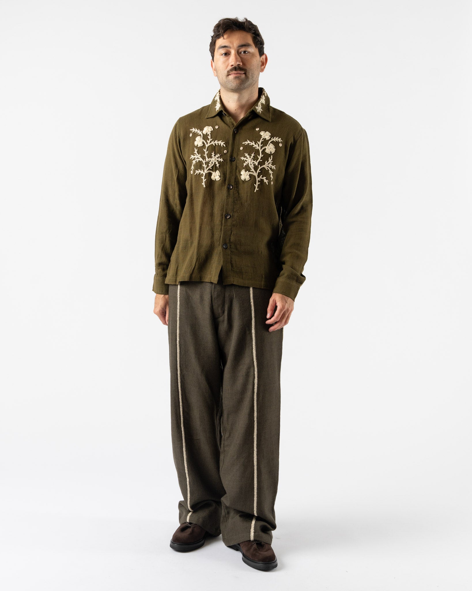 Kartik Research Western Shirt in Olive/Ecru