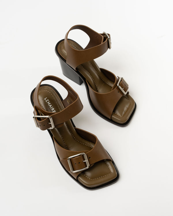 Lemaire Square Heeled Sandals with Straps 80 in Dark Tobacco