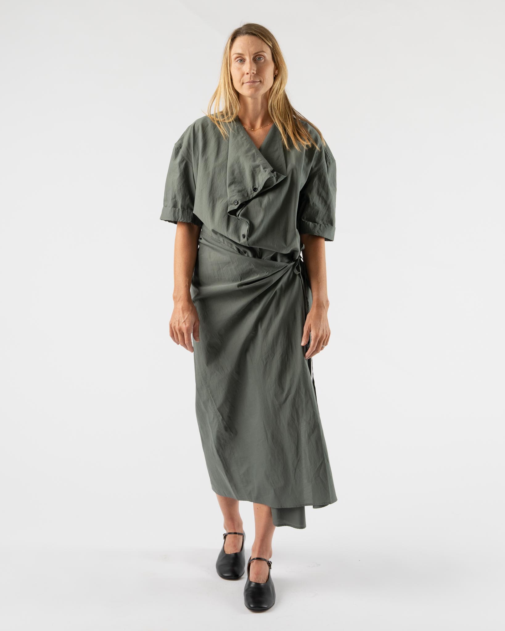 Lemaire Asphalt Short Sleeve Wrap Dress in Washed Cotton Silk Curated at  Jake and Jones