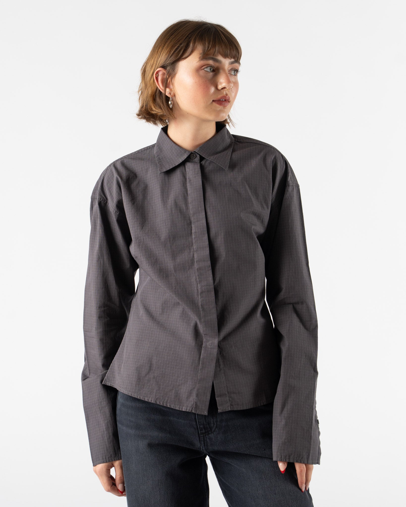mfpen Software Shirt in Mushroom Micro Check Poplin Curated at