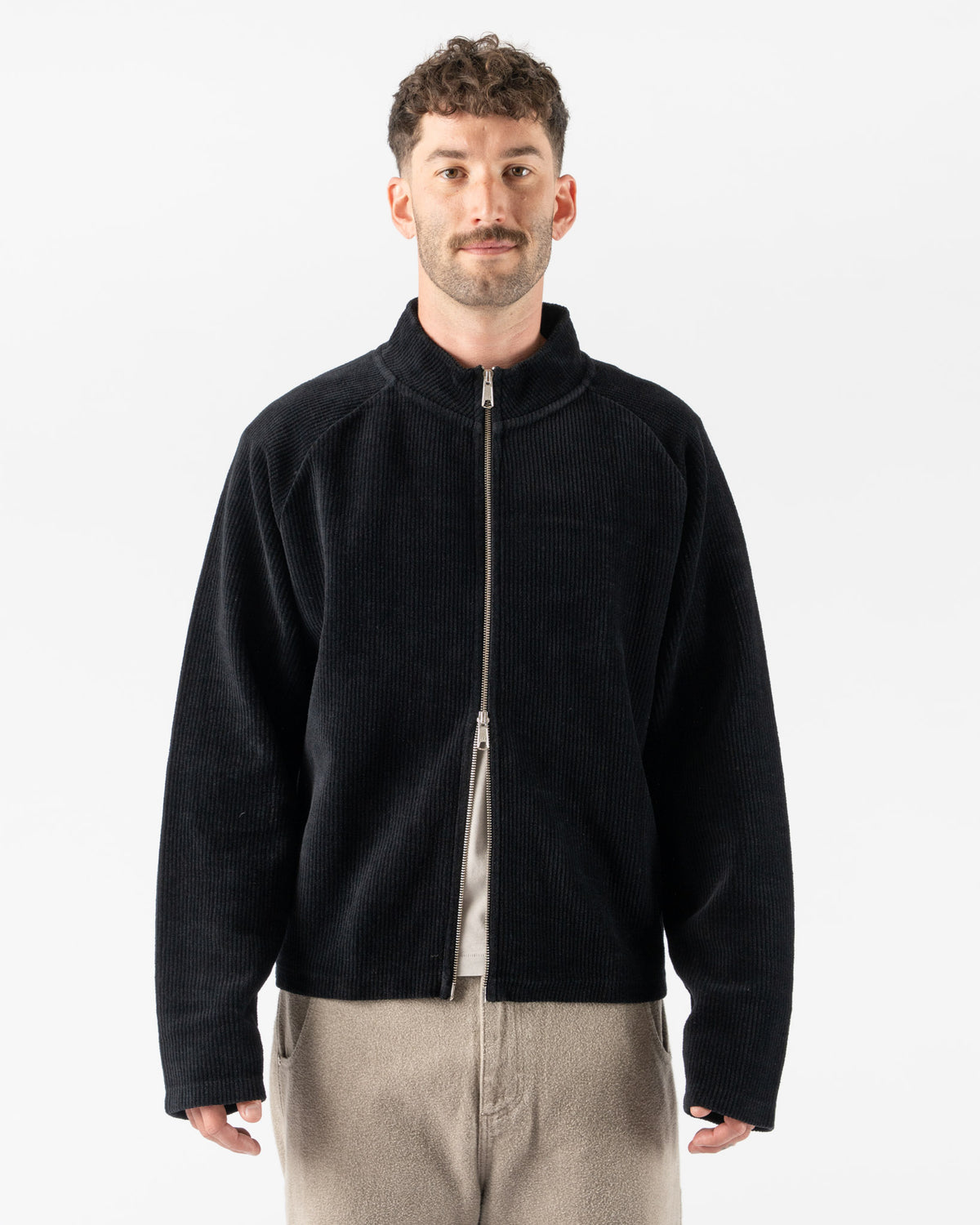 mfpen Leisure Zip Up in Black Jersey Cord Curated at Jake and Jones