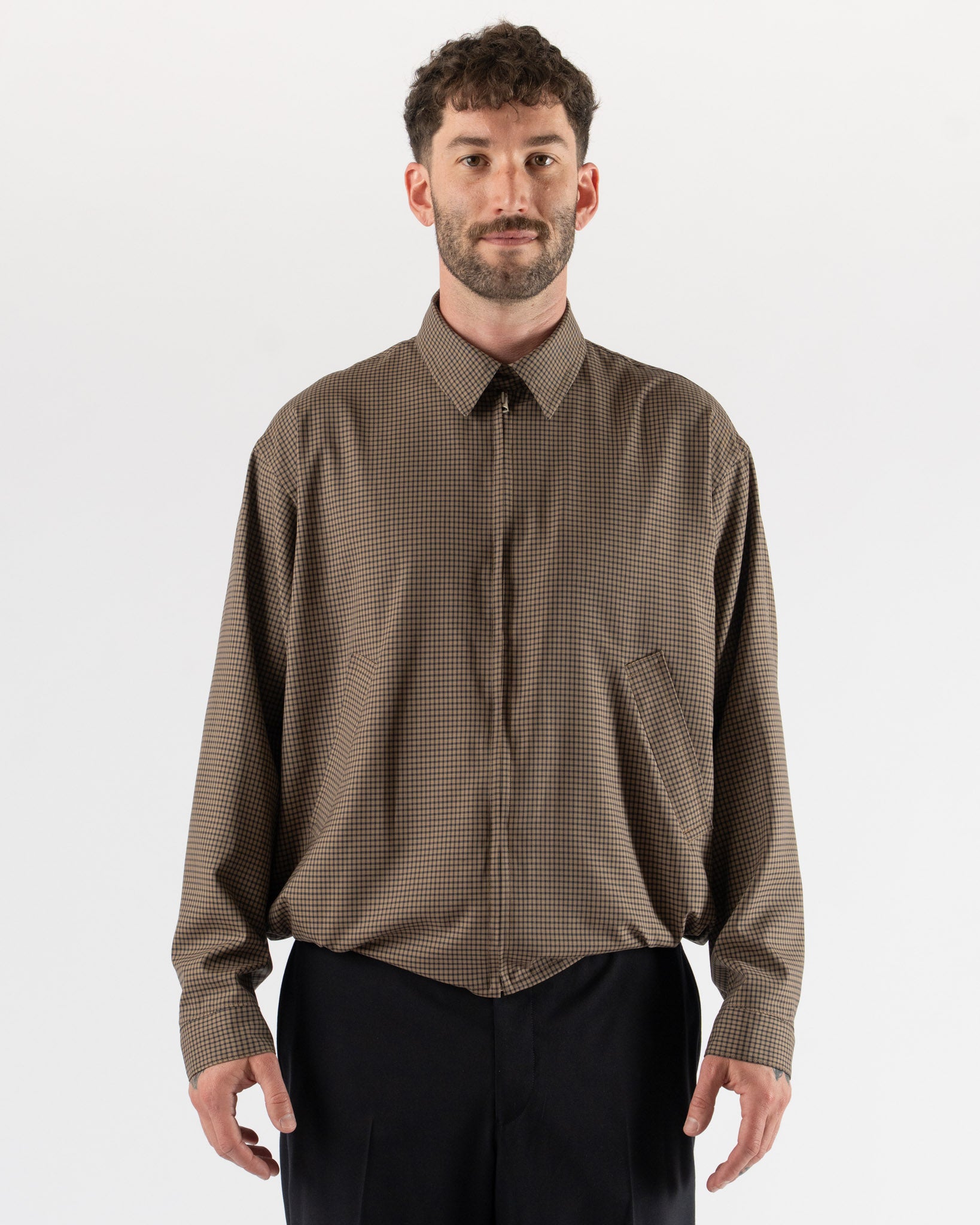 Kaptain Sunshine Summer Wool Zip Blouson in Khaki Plaid Curated at