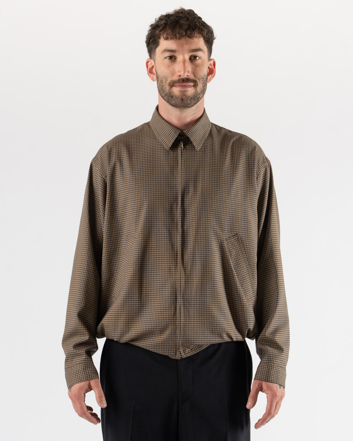Kaptain Sunshine Summer Wool Zip Blouson in Khaki Plaid Curated at 