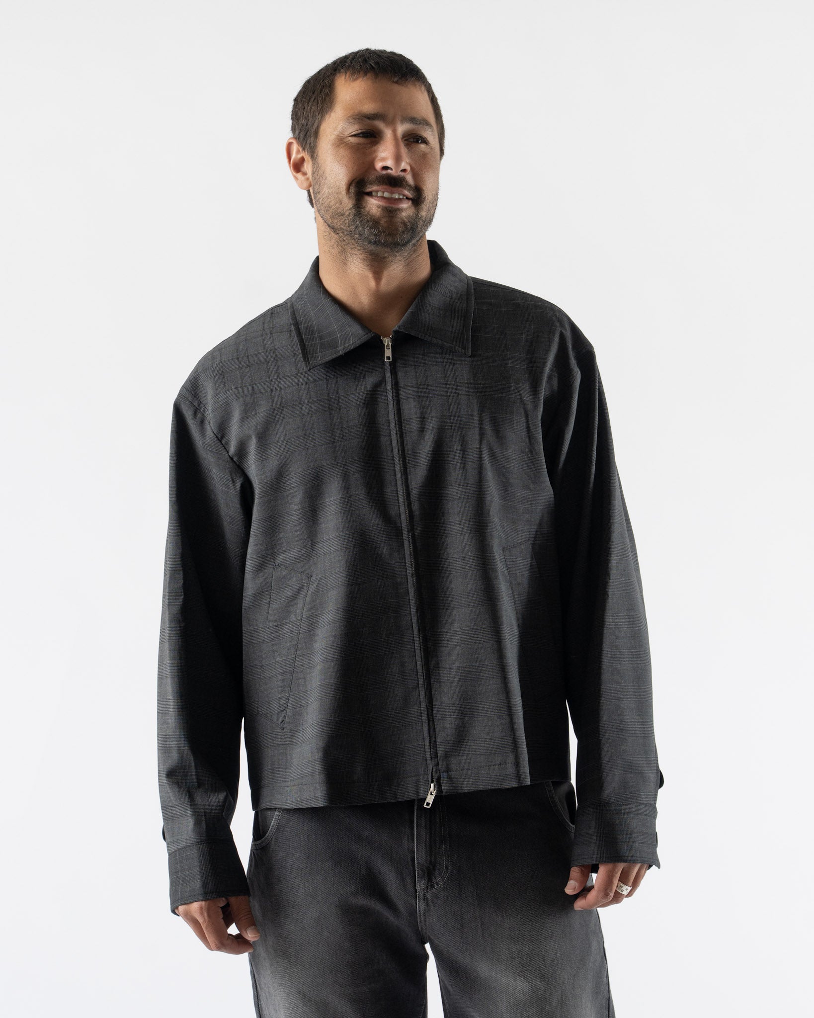 mfpen Mail Jacket in Dark Grey Check Curated at Jake and Jones