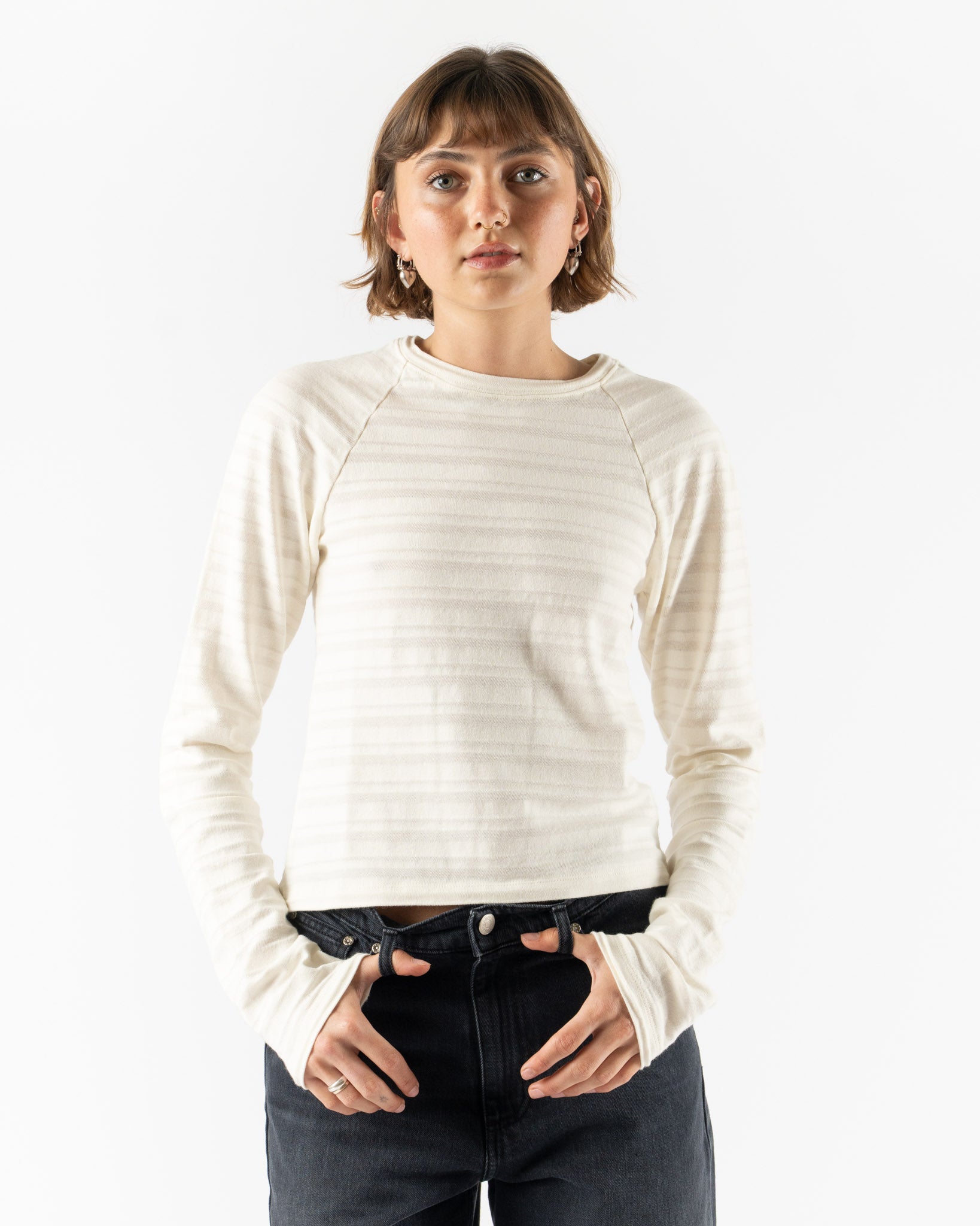 mfpen Raglan LS Tee in Off White Stripe