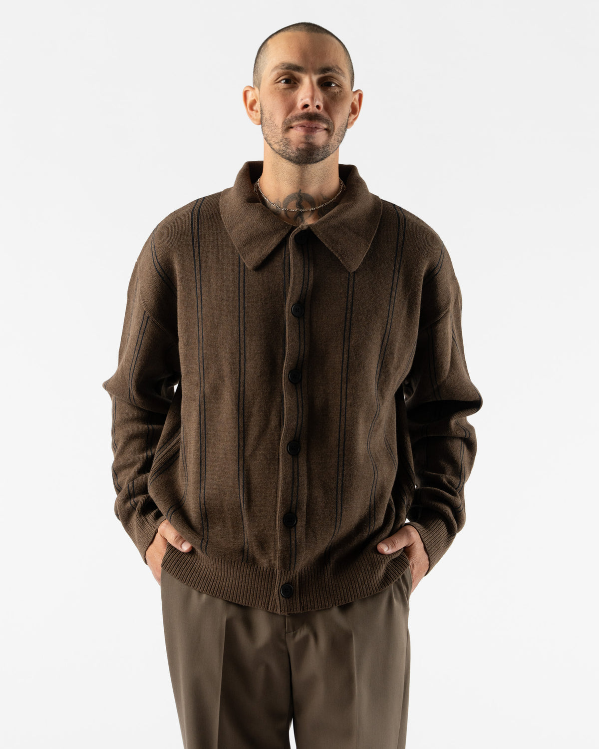 mfpen Formal Cardigan in Light Brown Stripe Curated at Jake and Jones