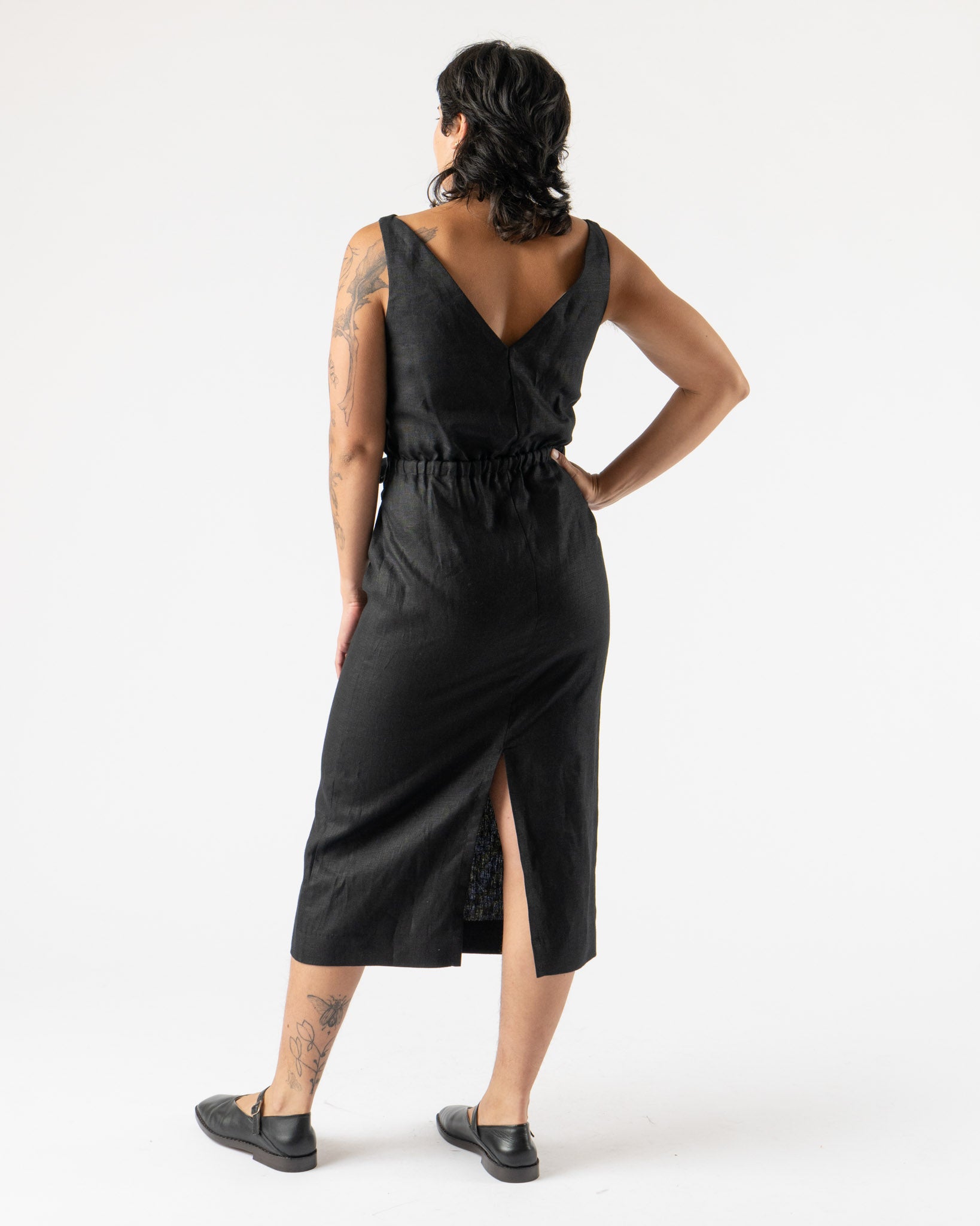 Modern Weaving Double Tie Front Dress in Black Linen