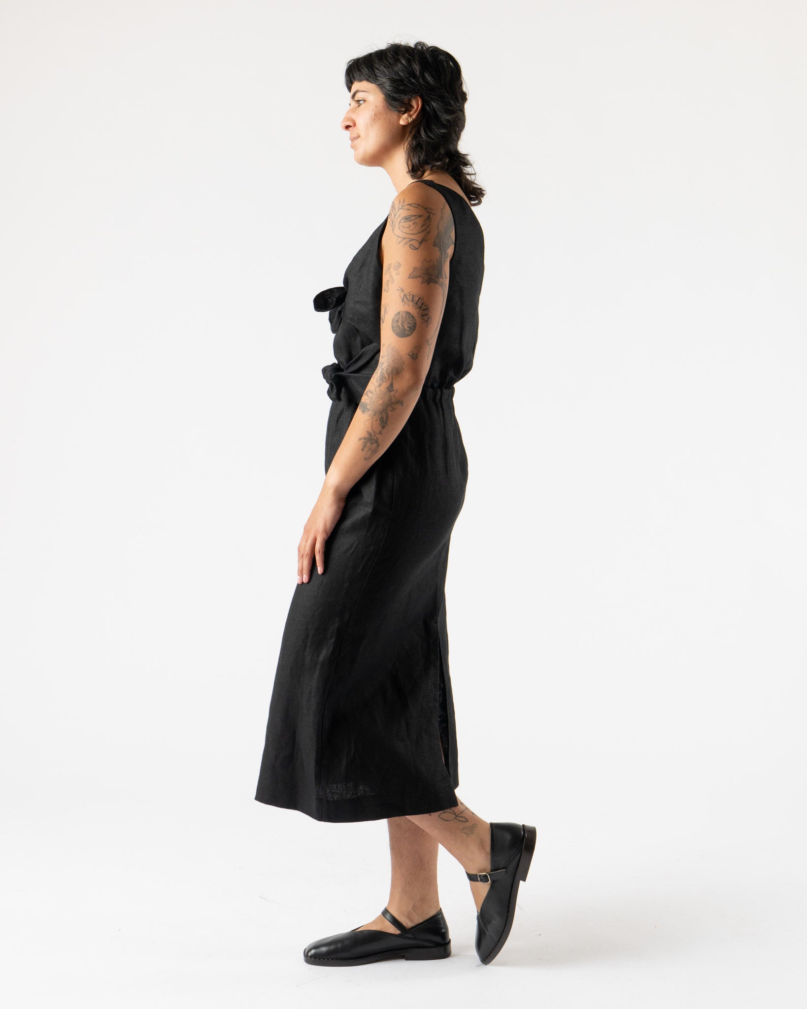 Modern Weaving Double Tie Front Dress in Black Linen